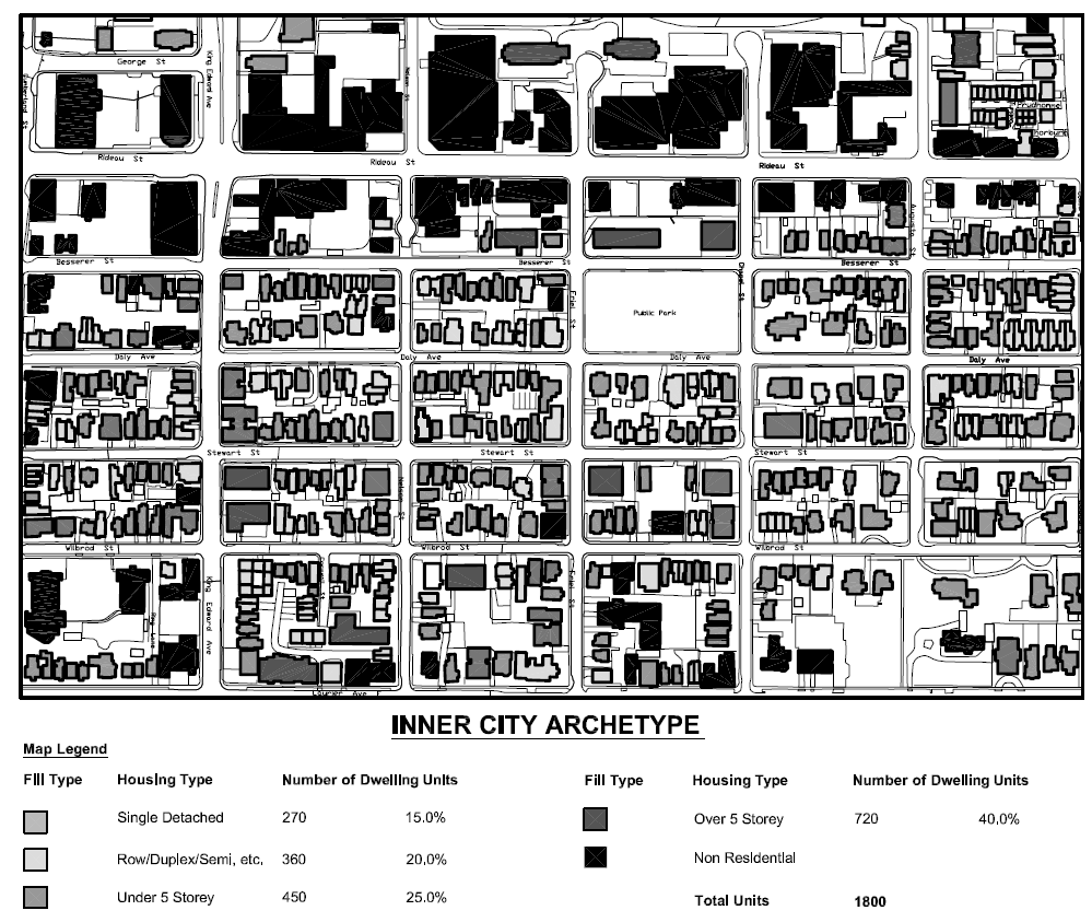 A black and white map of an inner city area showing streets, buildings, and a public park. The map includes a legend with different house and building types, along with the number of dwelling units. CHMC Report