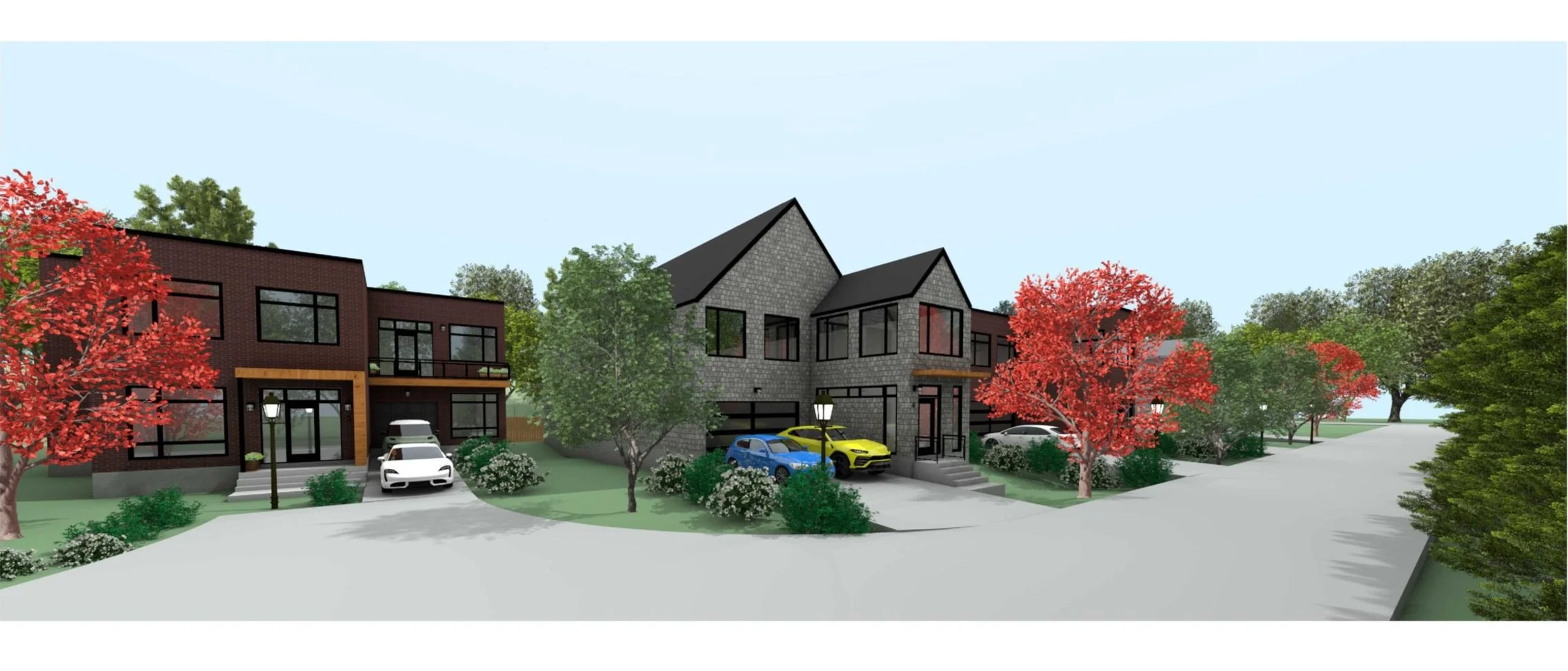 A modern residential neighborhood rendering with three townhouses, trees with red and green foliage, and parked cars in driveways on a wide street.
