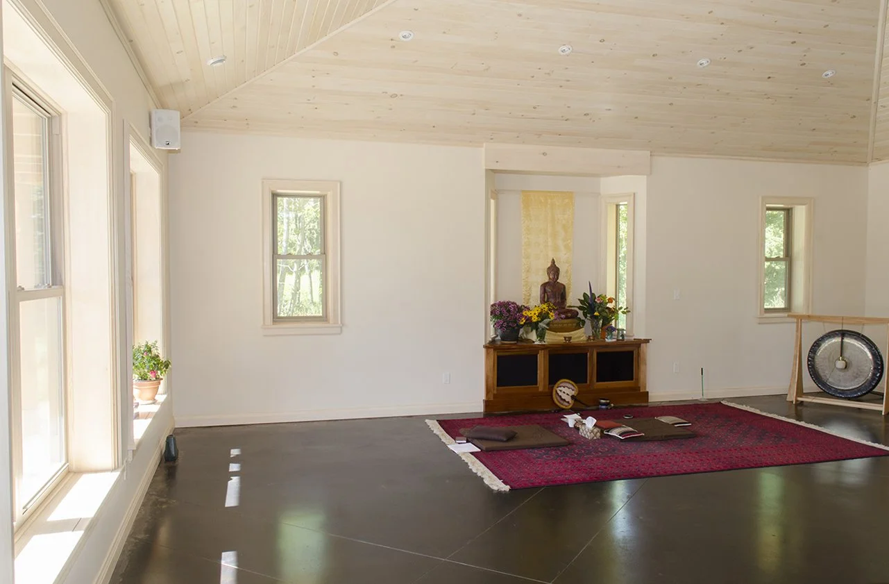 Interior of a meditation room with a red rug, cushions, a small altar with a Buddha statue, potted plants, and windows letting in natural light.