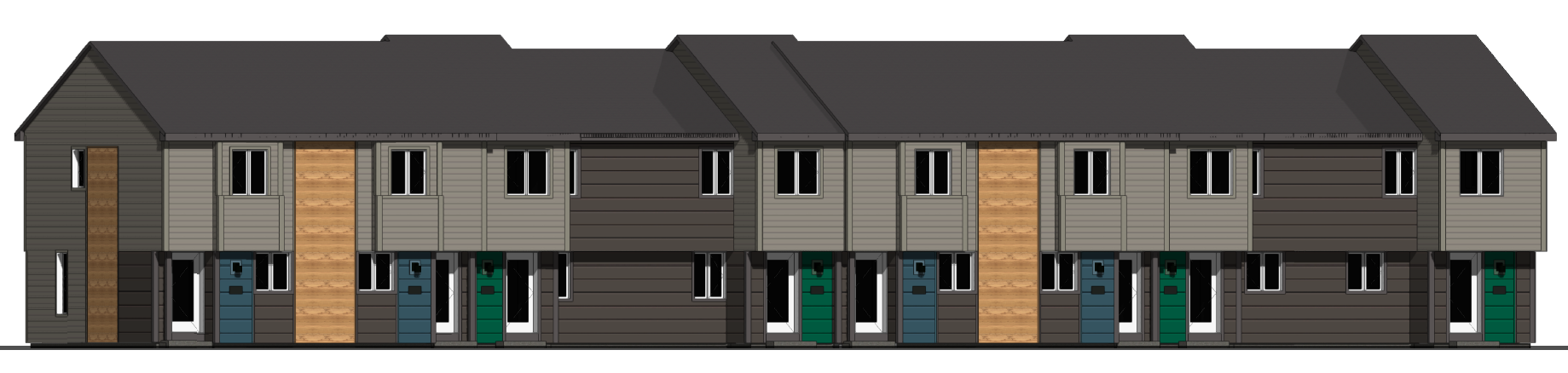 Architectural drawing of a multi-unit residential building with dark gray roof, gray and brown siding, multiple windows, and entry doors.