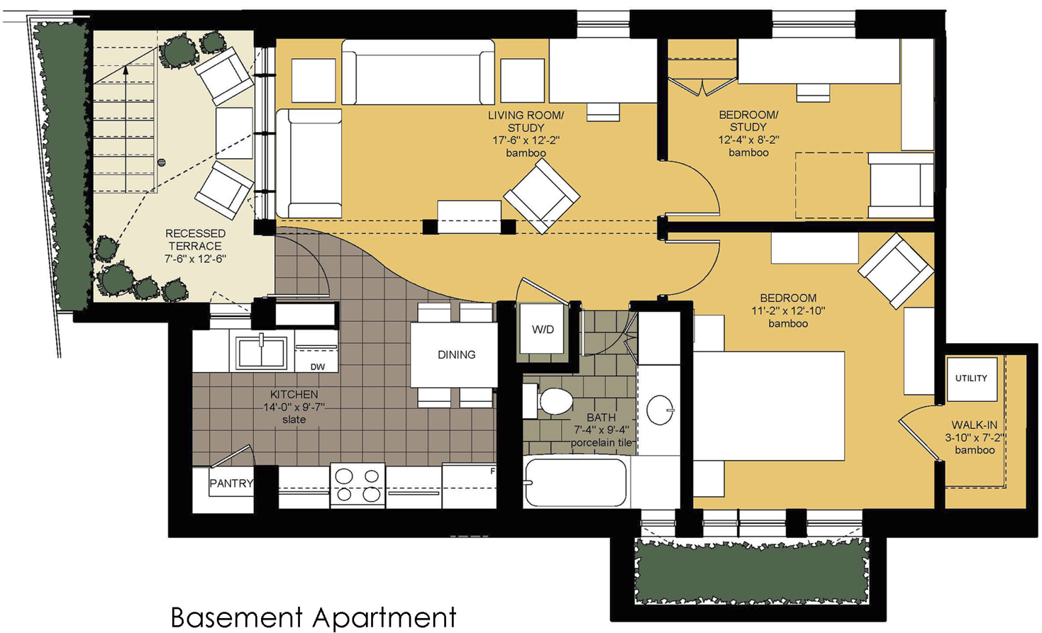 Floor plan of a basement apartment showing a living room/study, two bedrooms, a kitchen with a pantry, a bathroom, a utility room, a walk-in closet, a dining area, a washer and dryer, a recessed terrace, and outdoor landscaping.