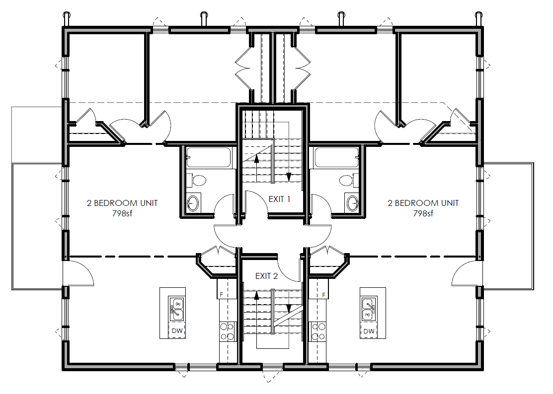 Floor plan of an apartment building showing 2-bedroom units, each 798 square feet, featuring kitchens, bathrooms, and staircases in the center.
