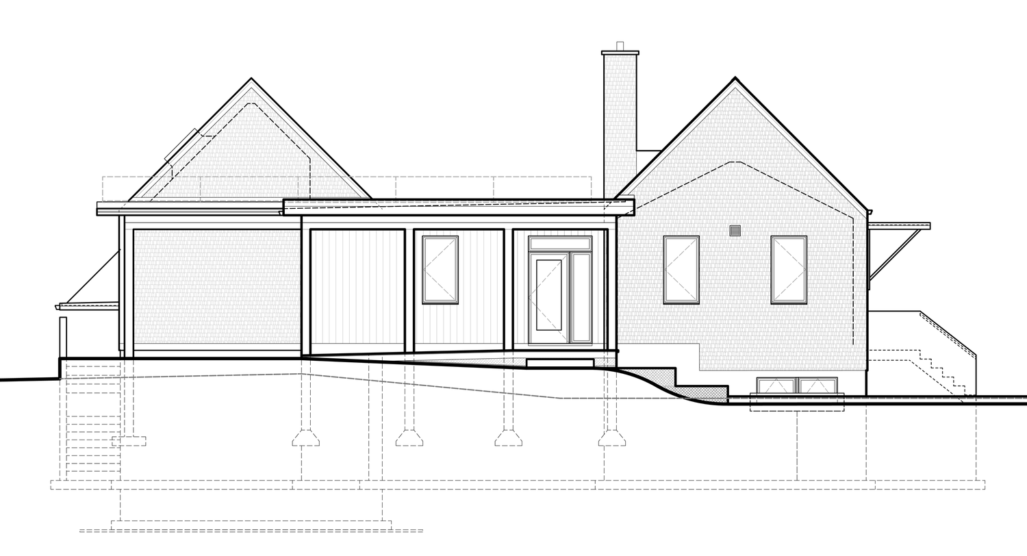 Architectural line drawing of a multi-level house with various windows, a chimney, steps leading to the front door, and a raised foundation.