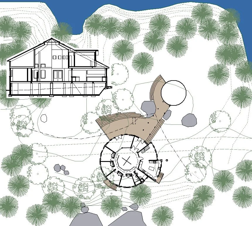 Architectural drawing of a retreat house with landscape, trees, and rocks, including a plan view of the house and a side elevation
