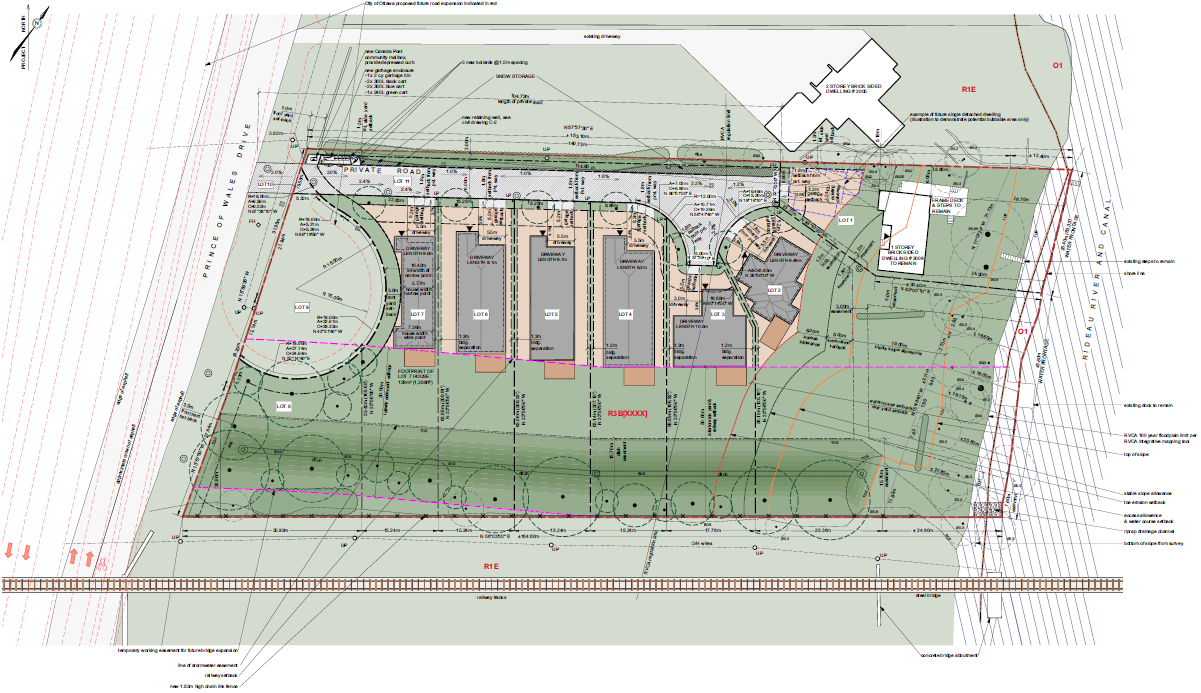 A detailed architectural site plan for a residential development, showing multiple townhouses, roads, driveways, landscaping, and utilities.