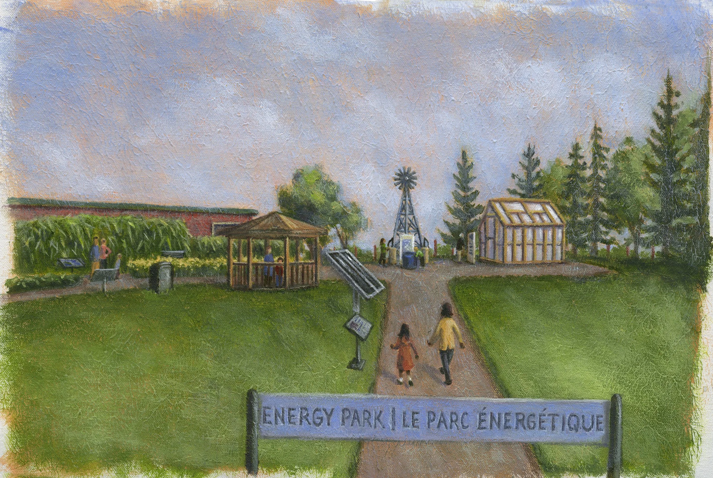 Painting of a park named Energy Park with a sign, a pathway, and park visitors. The park features wind turbines, solar panels, a greenhouse, and various trees.