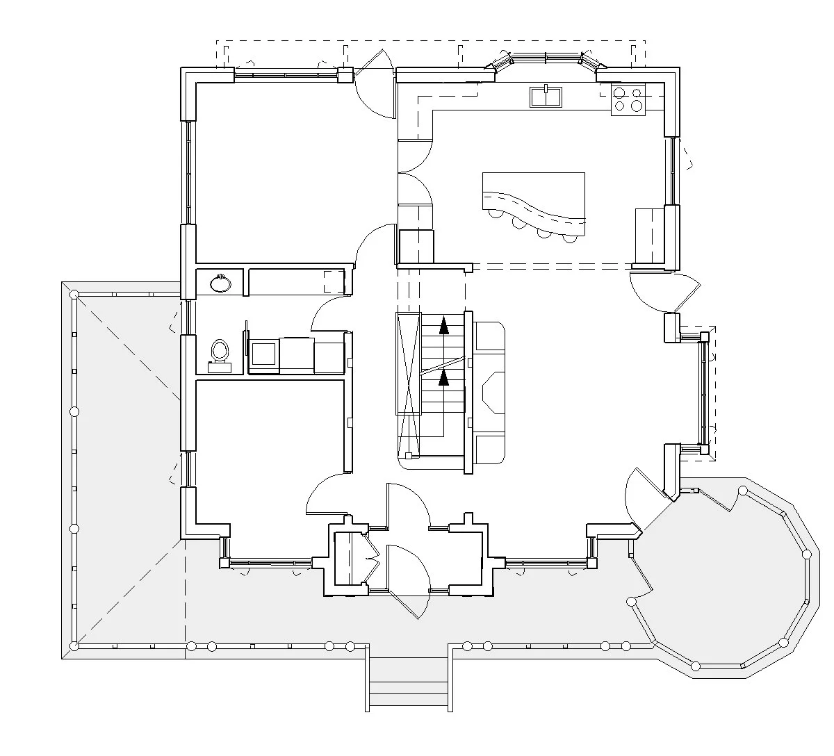 Floor plan of a house showing various rooms including a kitchen, living room, bathroom, bedrooms, and a porch.
