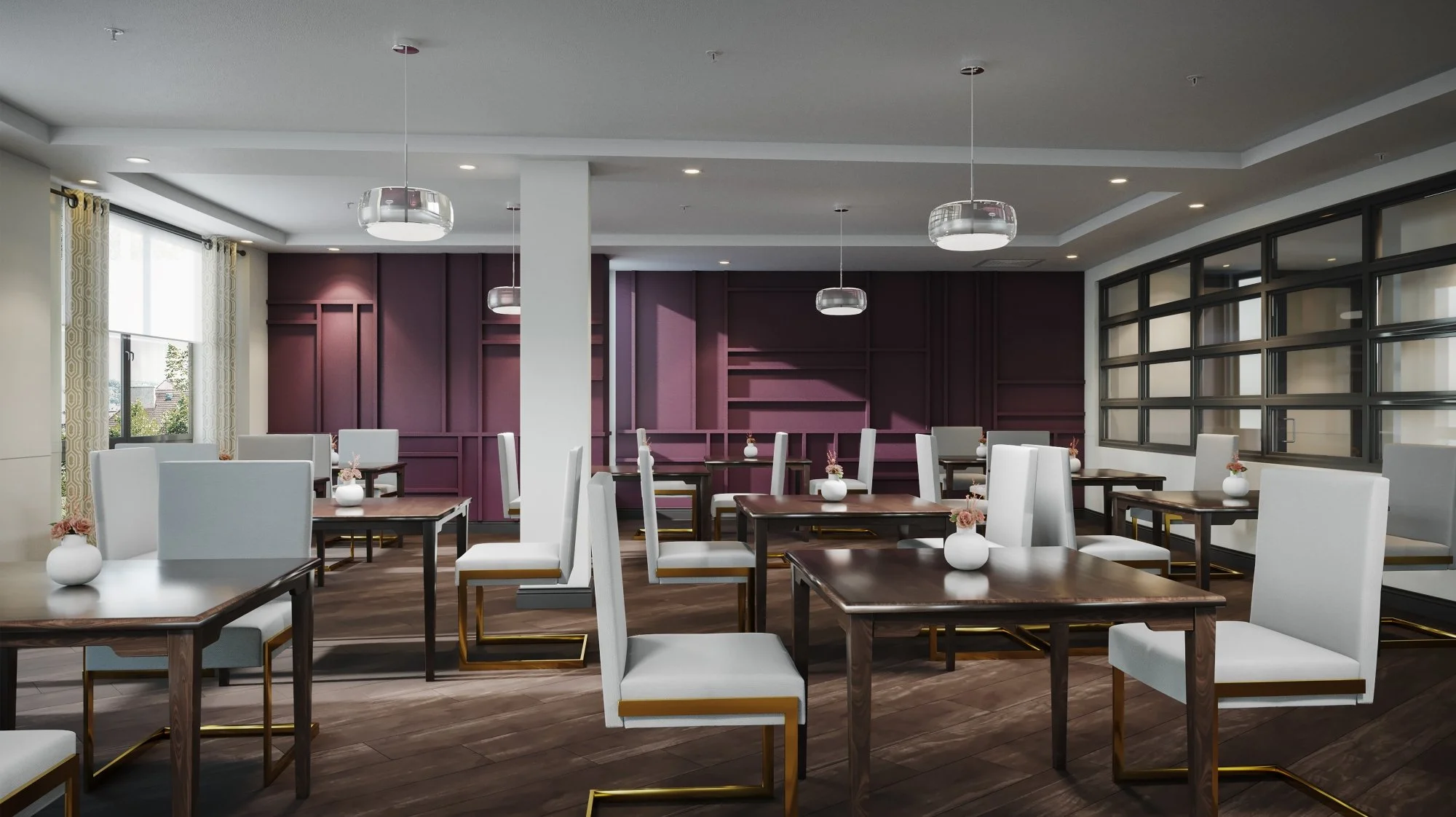 Modern restaurant with wooden tables, white cushioned chairs, and purple accent wall, decorated with small vases of flowers, and large windows with patterned curtains.