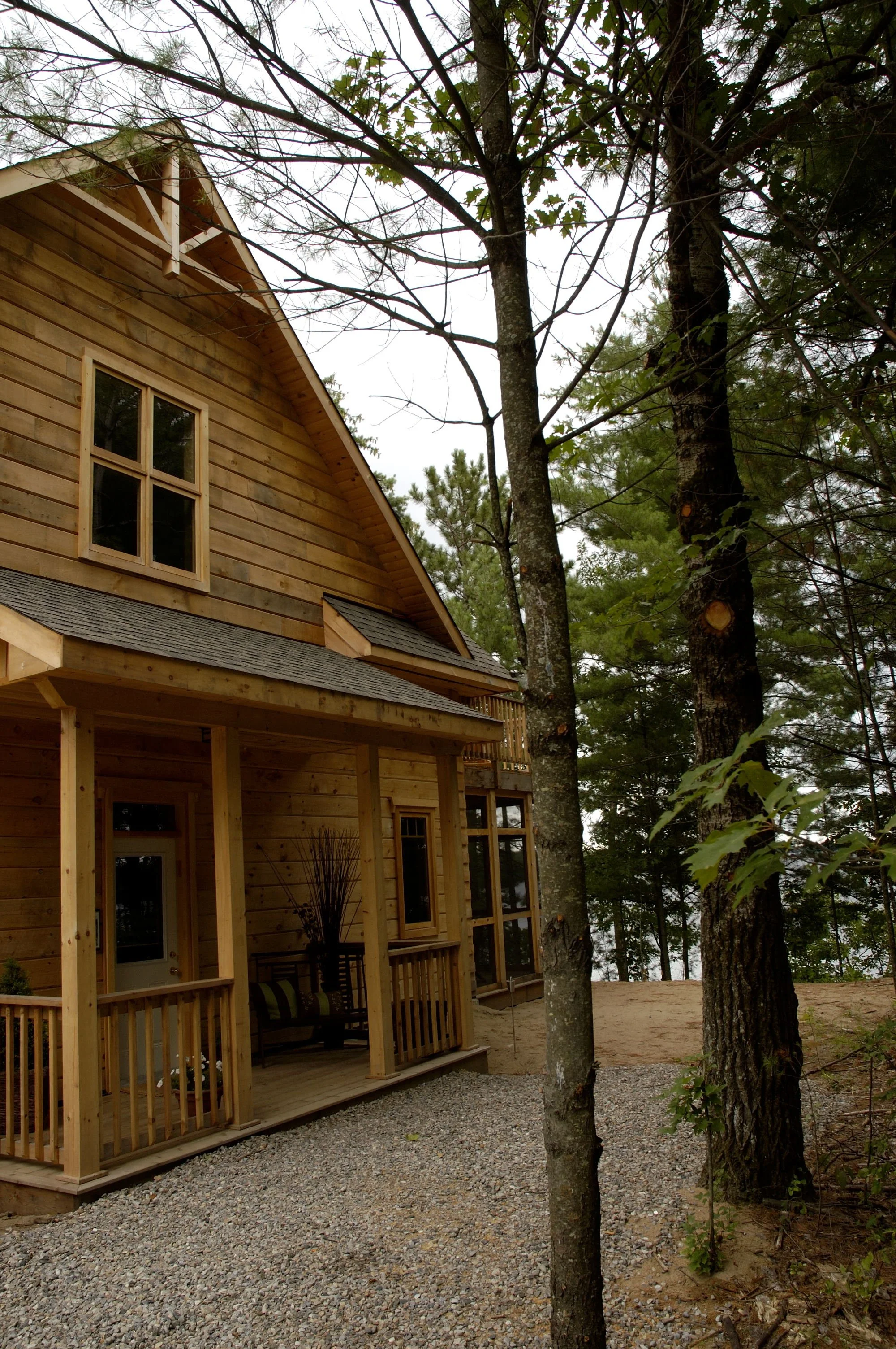 A log home with a porch and multiple windows surrounded by trees in a wooded area.