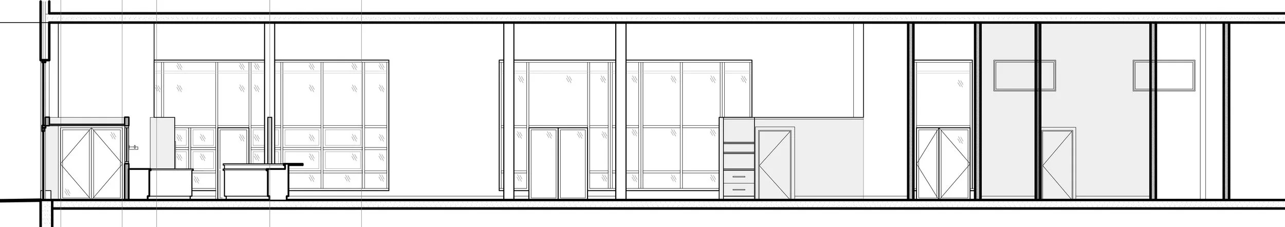 Line drawing of a modern interior building elevation with multiple doors, windows, and storage cabinets.