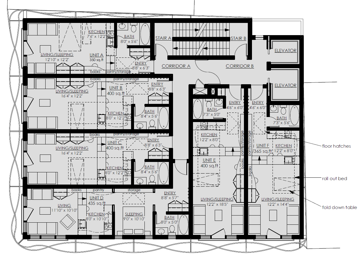 Floor plan of a multi-unit residential building showing layout of various living units, including bedrooms, kitchens, bathrooms, living/sleeping areas, and shared corridors with elevators and staircases.