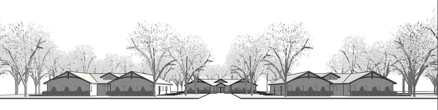 Line drawing of a building complex with trees on both sides and a pathway leading to the entrance.