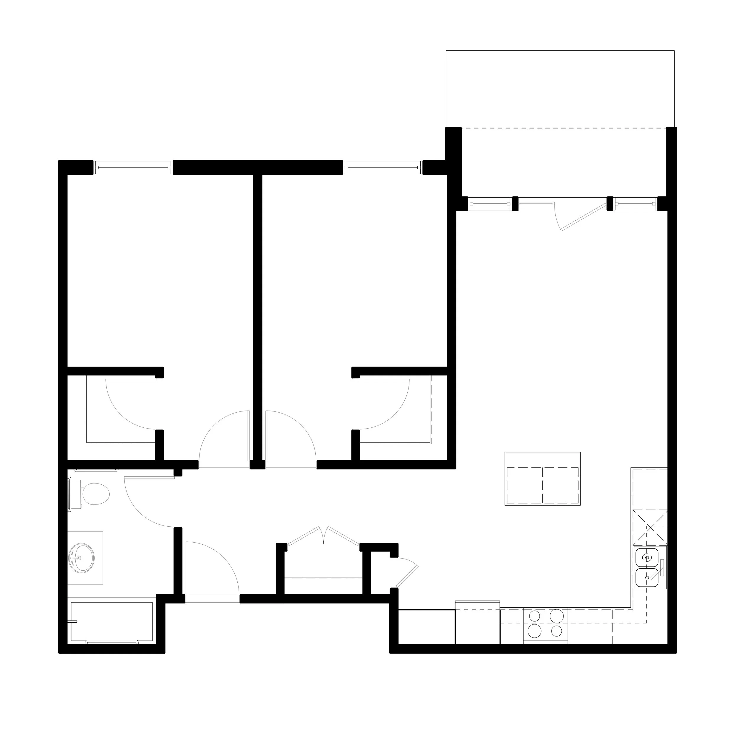 Floor plan of a house with three bedrooms, one bathroom, a living area, and a kitchen.