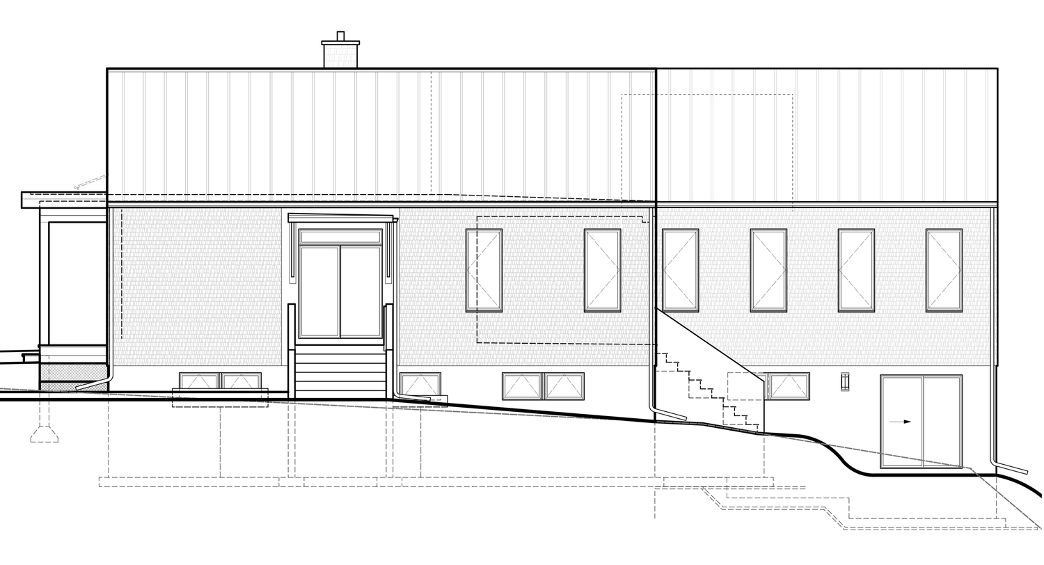 Architectural line drawing of the side elevation of a house showing windows, doors, steps, and a sloped ground.