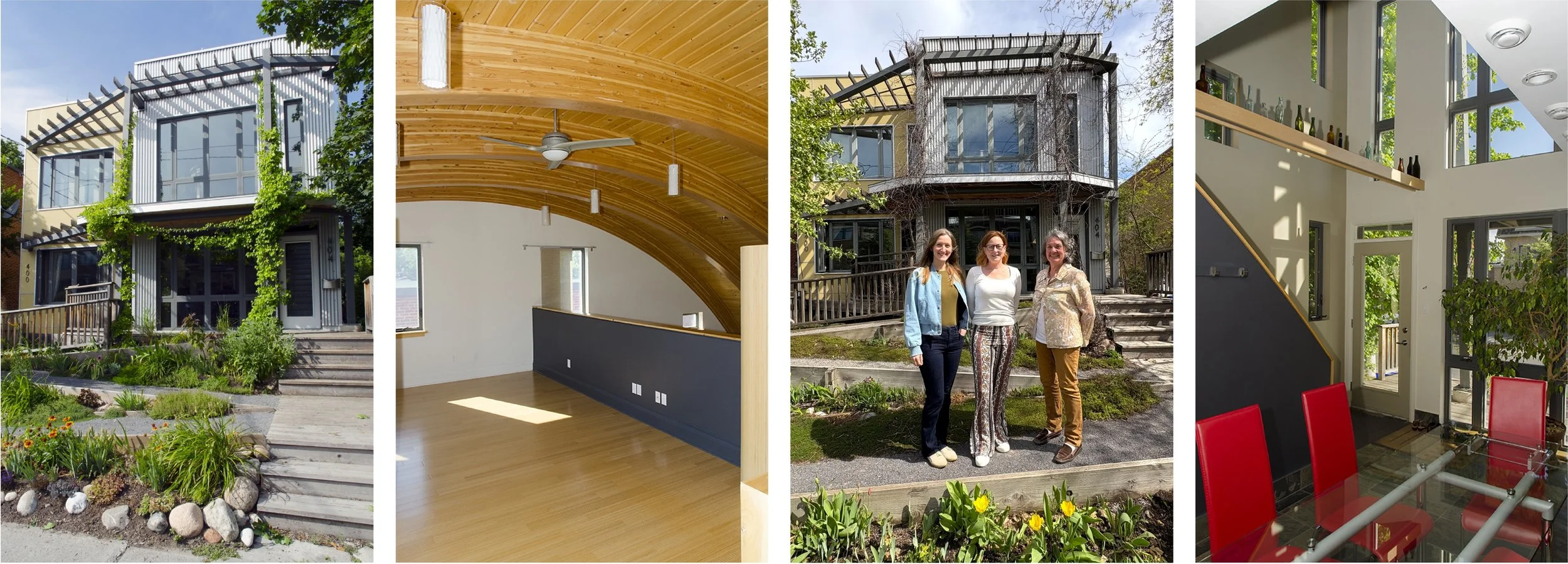 Photos of a modern, multi-story residential and office mixed use building with large windows, landscaped accessible ramp, curved glulam beams and wood tongue & groove ceiling, with three women standing outside on the ramp.