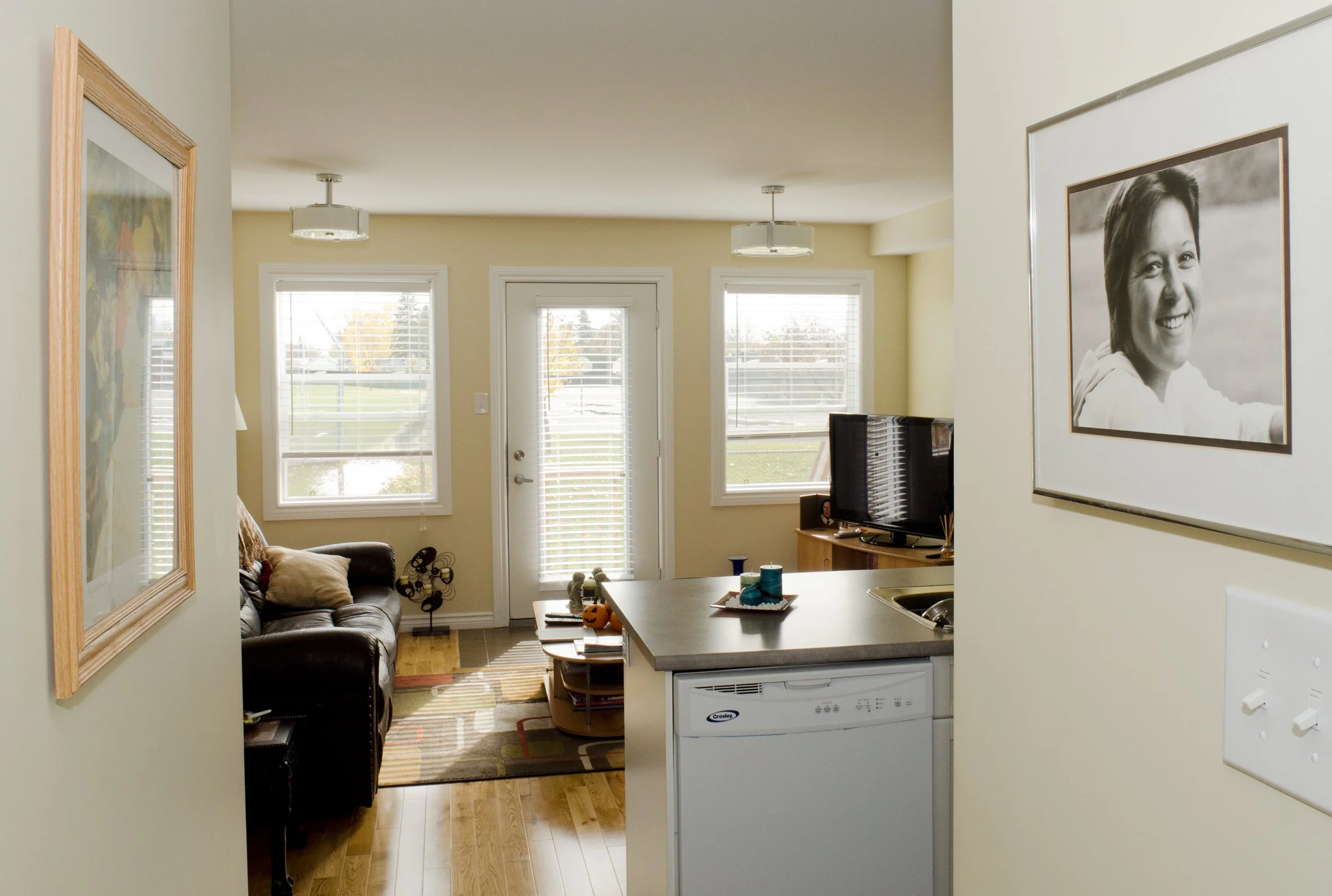 Living room with large windows, a door with a window, a black sofa with pillows, a wooden coffee table with pumpkins and decorations, a TV on a stand, and framed black-and-white portrait on the wall.