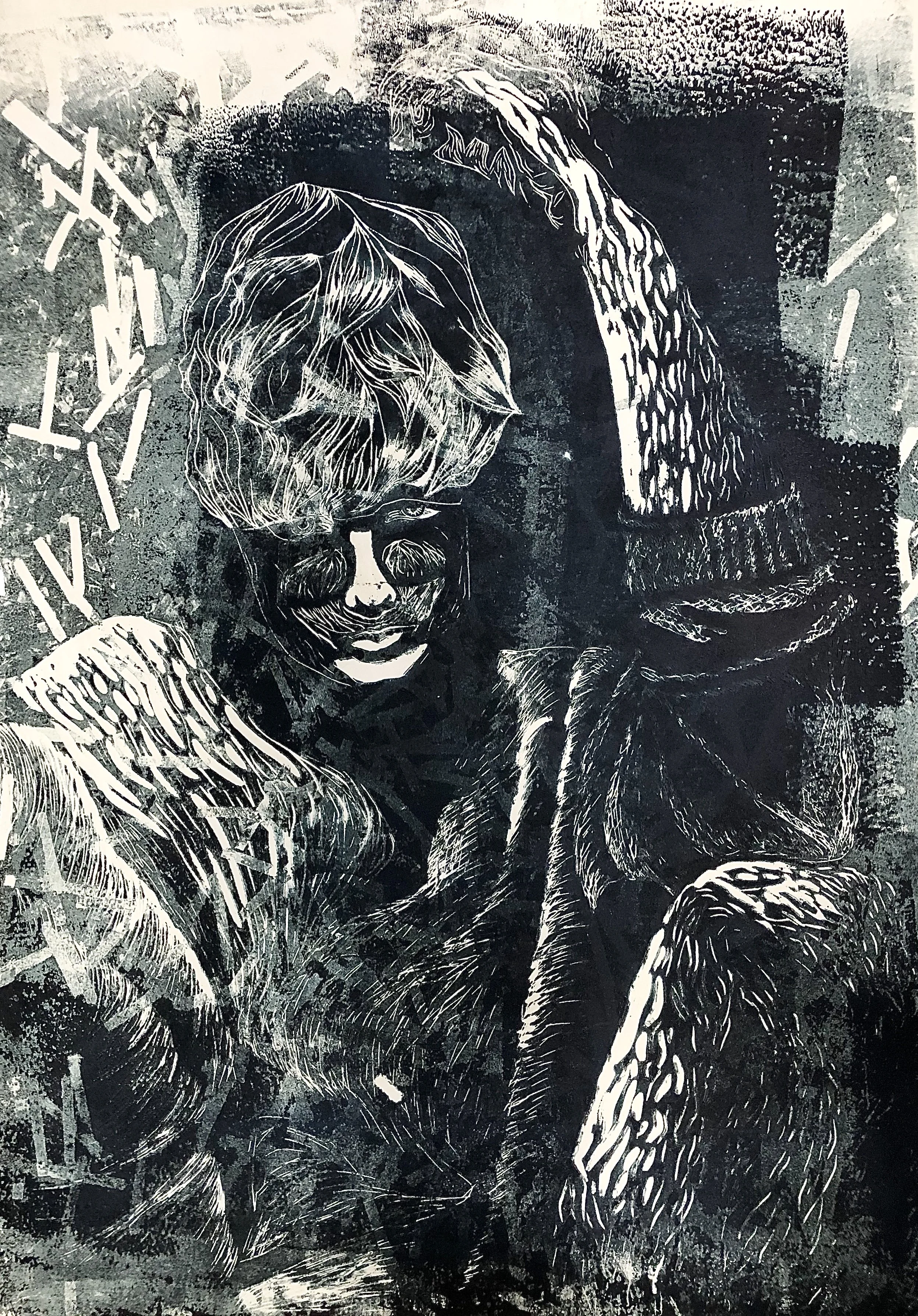 A black and white stencil art of a person with messy hair and a beard, with abstract textures and lines surrounding them.