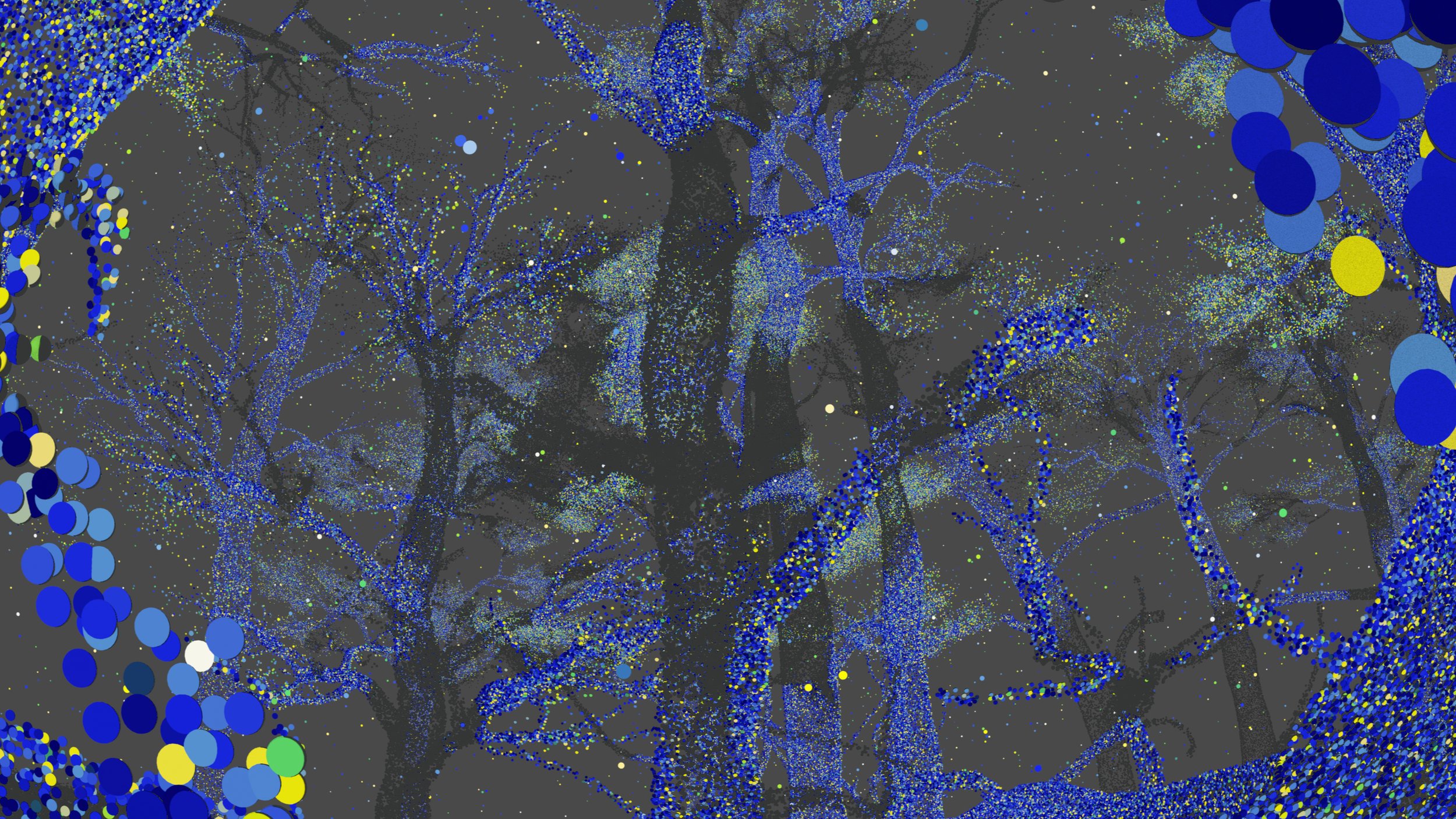 Abstract digital art featuring trees with blue and yellow specks and colorful dots against a dark background.