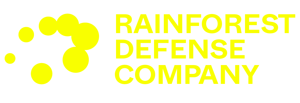 Logo of Rainforest Defense Company with yellow text and circular design elements.