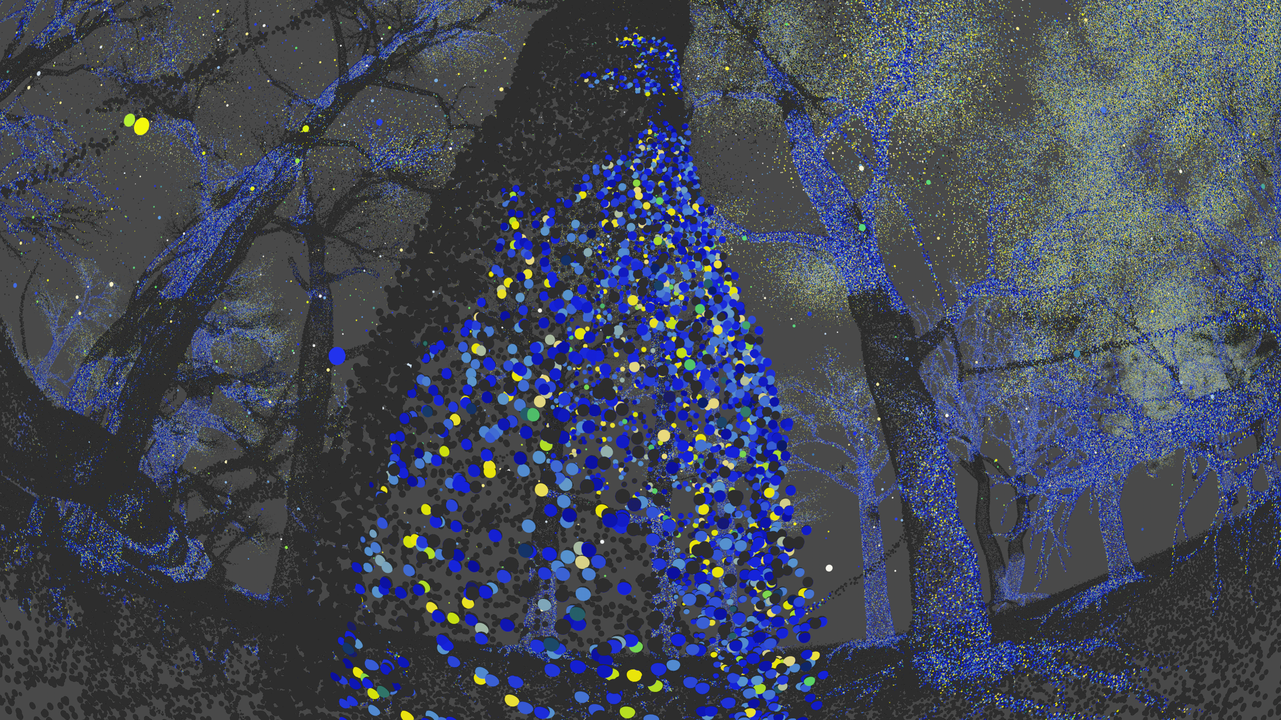 Abstract digital artwork featuring a forest with dark trees against a night sky. The scene is overlaid with blue and yellow dots creating a dynamic starry effect, enhancing a mystical and surreal atmosphere.