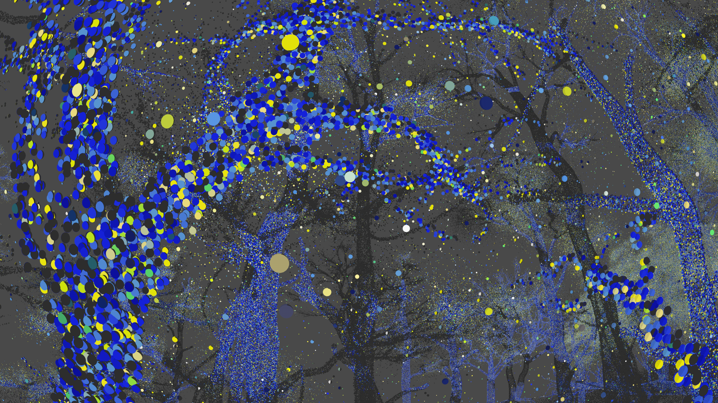Artistic depiction of a forest scene with abstract elements, featuring dark tree silhouettes and vibrant blue and yellow dots resembling lights or stars.