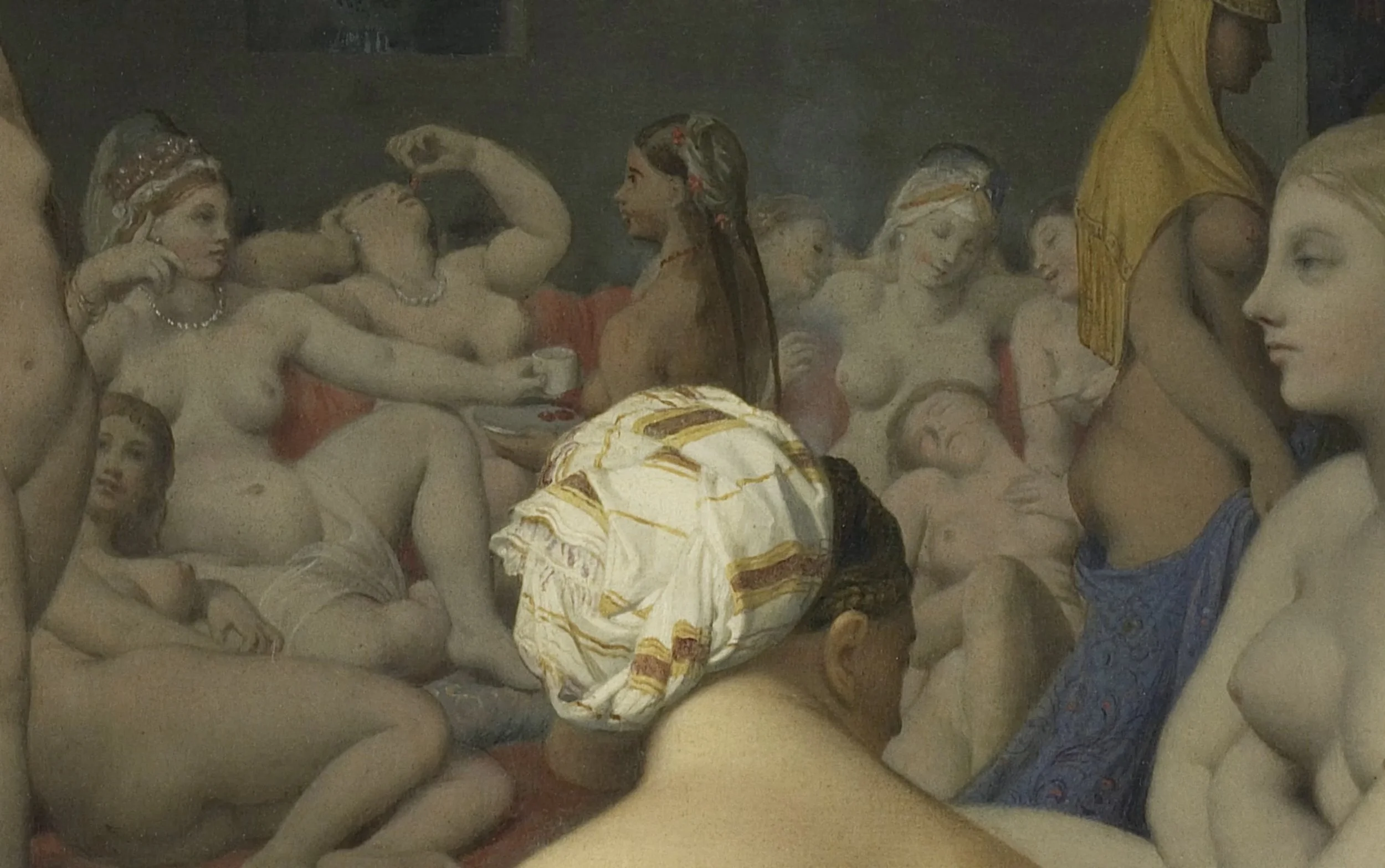 Peinture représentant un groupe de femmes nues ou en vêtements légers, avec une femme portant un foulard coloré au premier plan et une femme âgée avec une tiare, dans une scène homogène et remplie de détails.