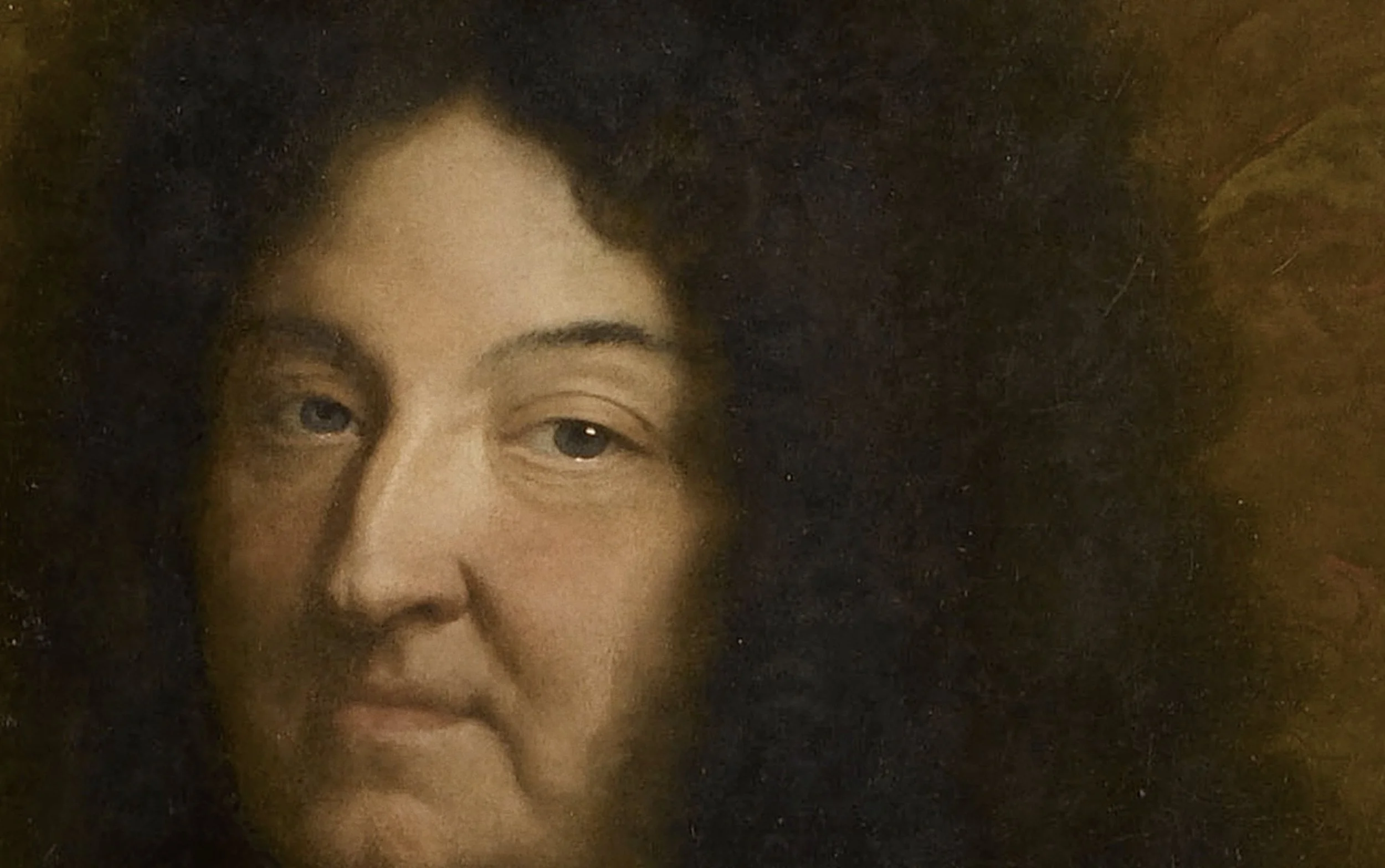 Peinture d'un portrait d'une femme avec des cheveux foncés, la peau claire, un regard dirigé vers l'avant, et une expression neutre.