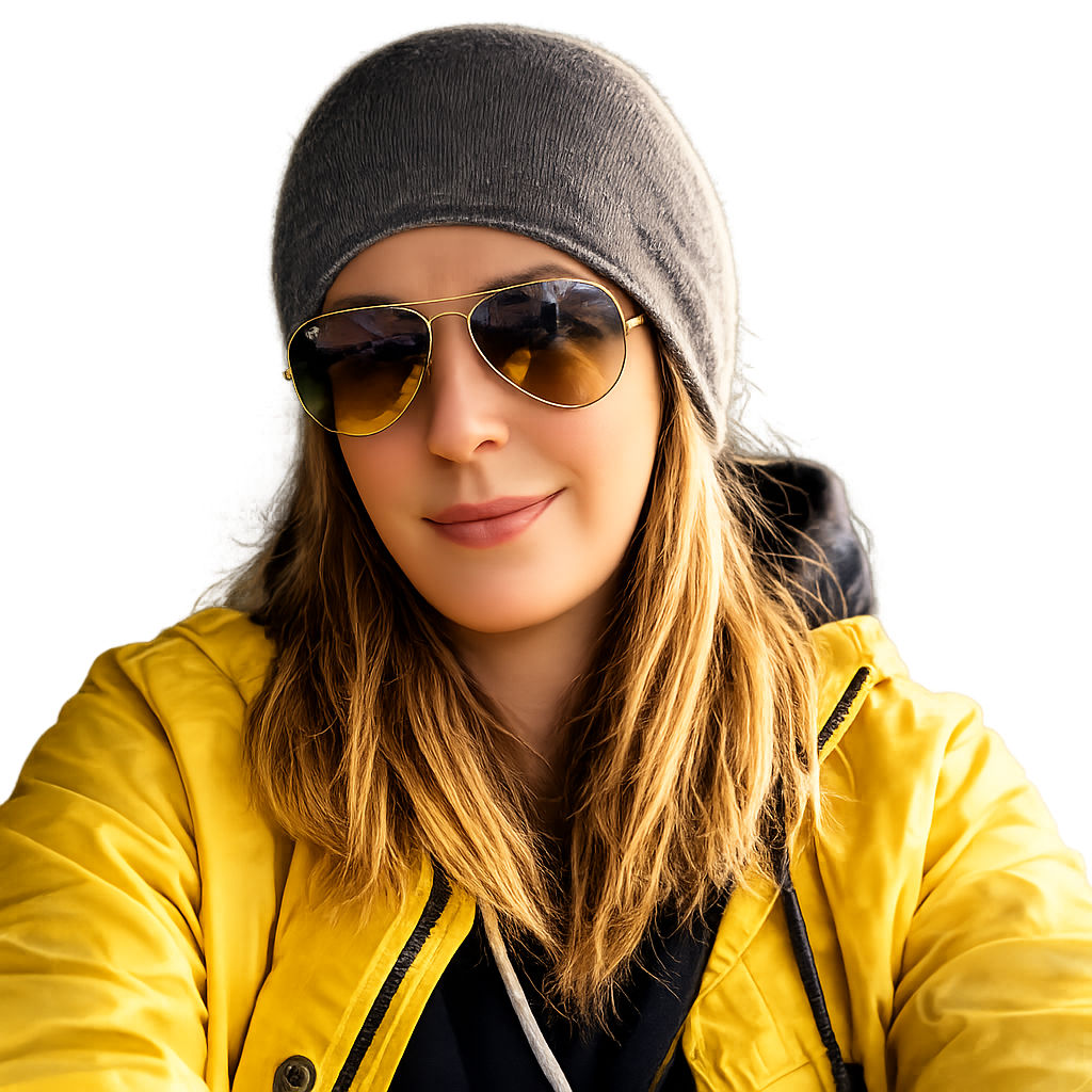 Junge Frau mit Brille, grauer Wollmütze, gelber Jacke und schwarzem Hoodie, lachend und im Freien mit Sonnenbrille