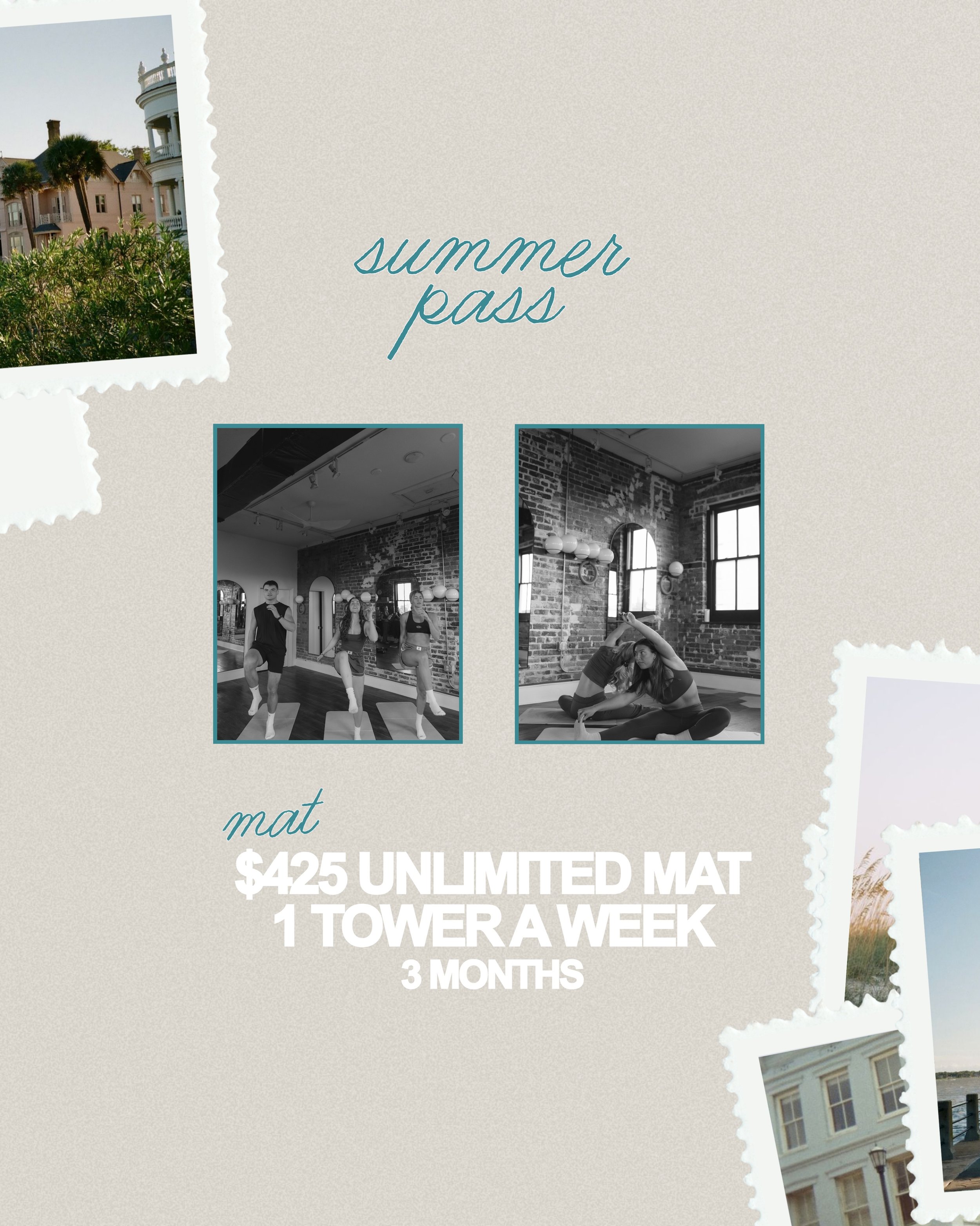 our charleston summer pass is still available to snag for a couple more weeks ☀️💧

for $425, you&rsquo;ll get 3 months of unlimited mat classes plus 1 tower class per week all summer long.

whether you&rsquo;re home for the summer, in town for an in
