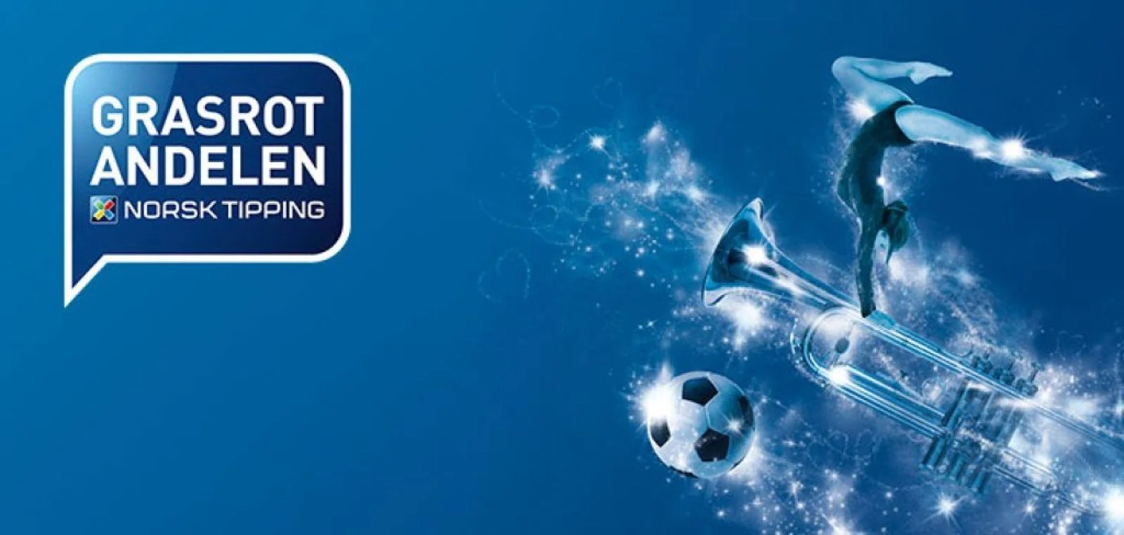 Grafisk design med fotball, svømming og bordtennis, og teksten 'Grasrot Andelen Norsk Tipping' på blå bakgrunn.