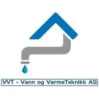 Logo for VVT - Vann og VarmeTeknikk AS, som inkluderer et symbol av en vannkran med en dråpe, med navnet under.