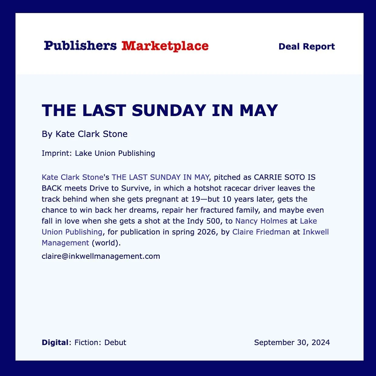 I&rsquo;ve been quiet on social media for quite some time, but it&rsquo;s time to share exciting news about what I&rsquo;ve been up to&hellip;.

Thrilled to share that my debut novel, THE LAST SUNDAY IN MAY, will be released in April 2026! 

@clairef