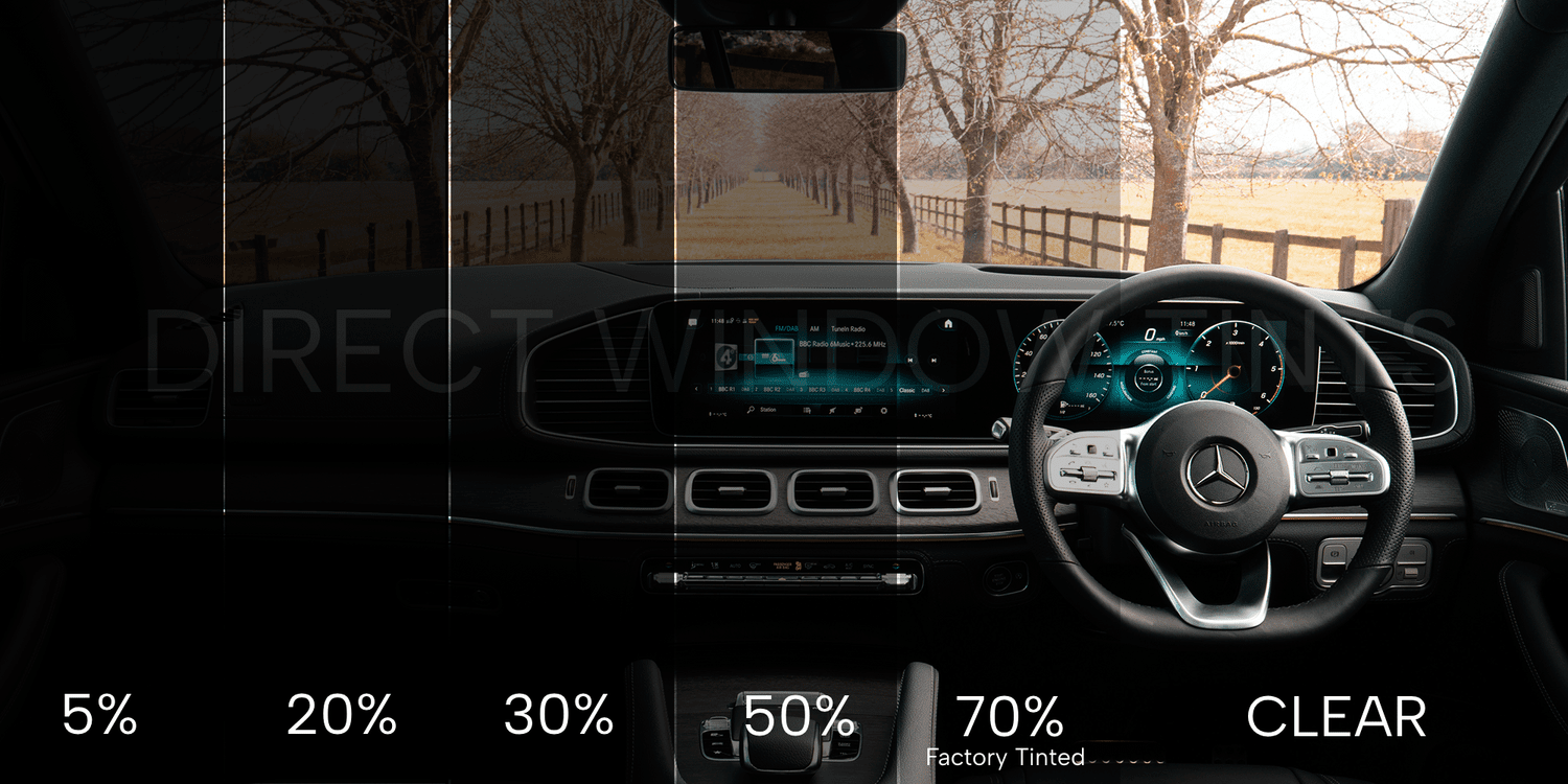 Comparison of window tint shades from 5% limo tint through to clear, as fitted by Direct Window Tints in Lincoln