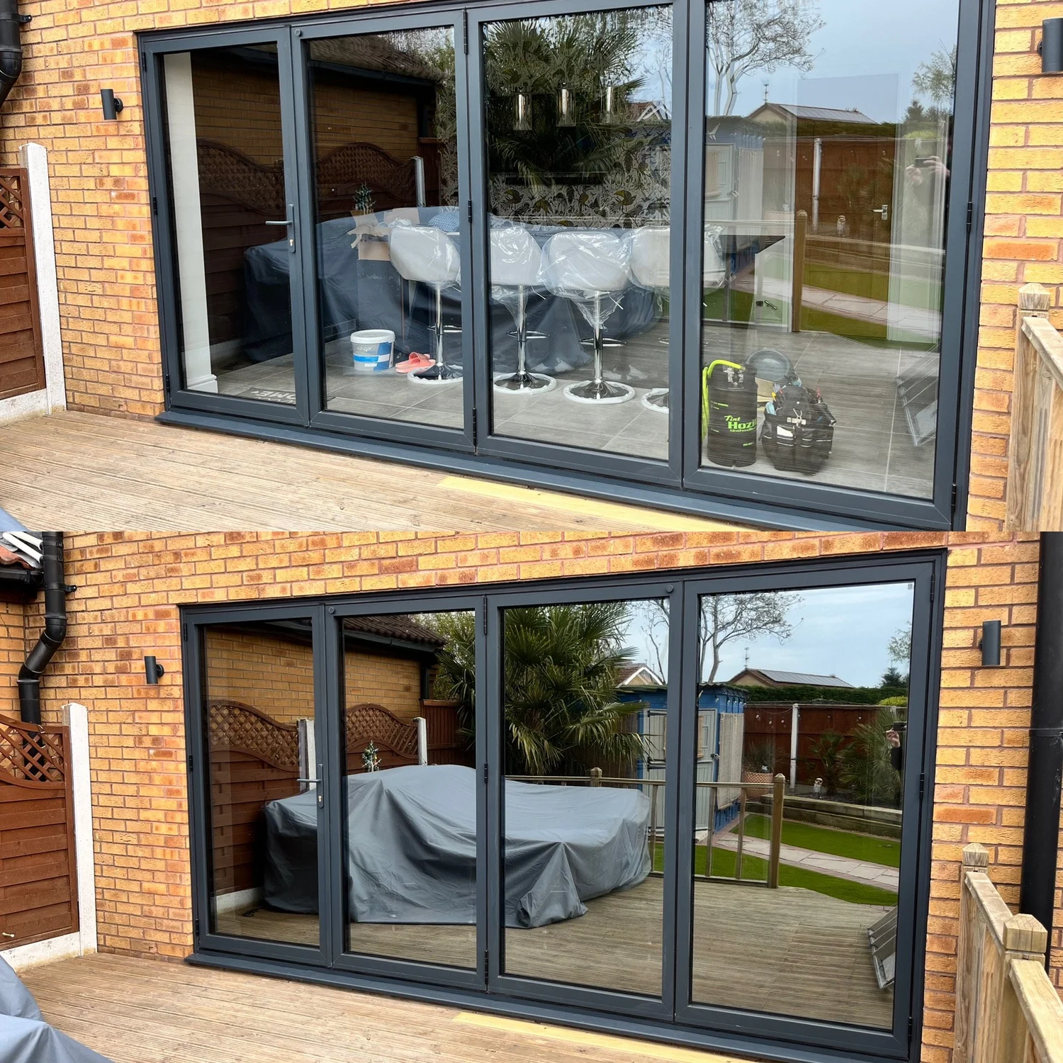 Sliding glass doors with a reflective privacy film