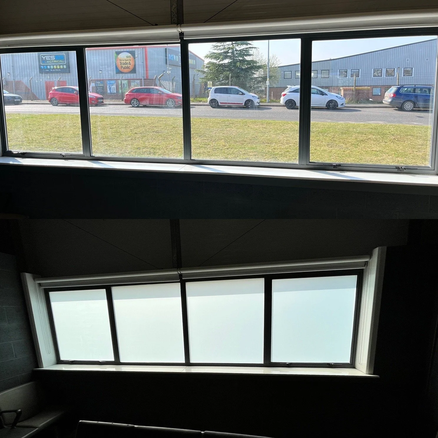 View through large tinted office windows