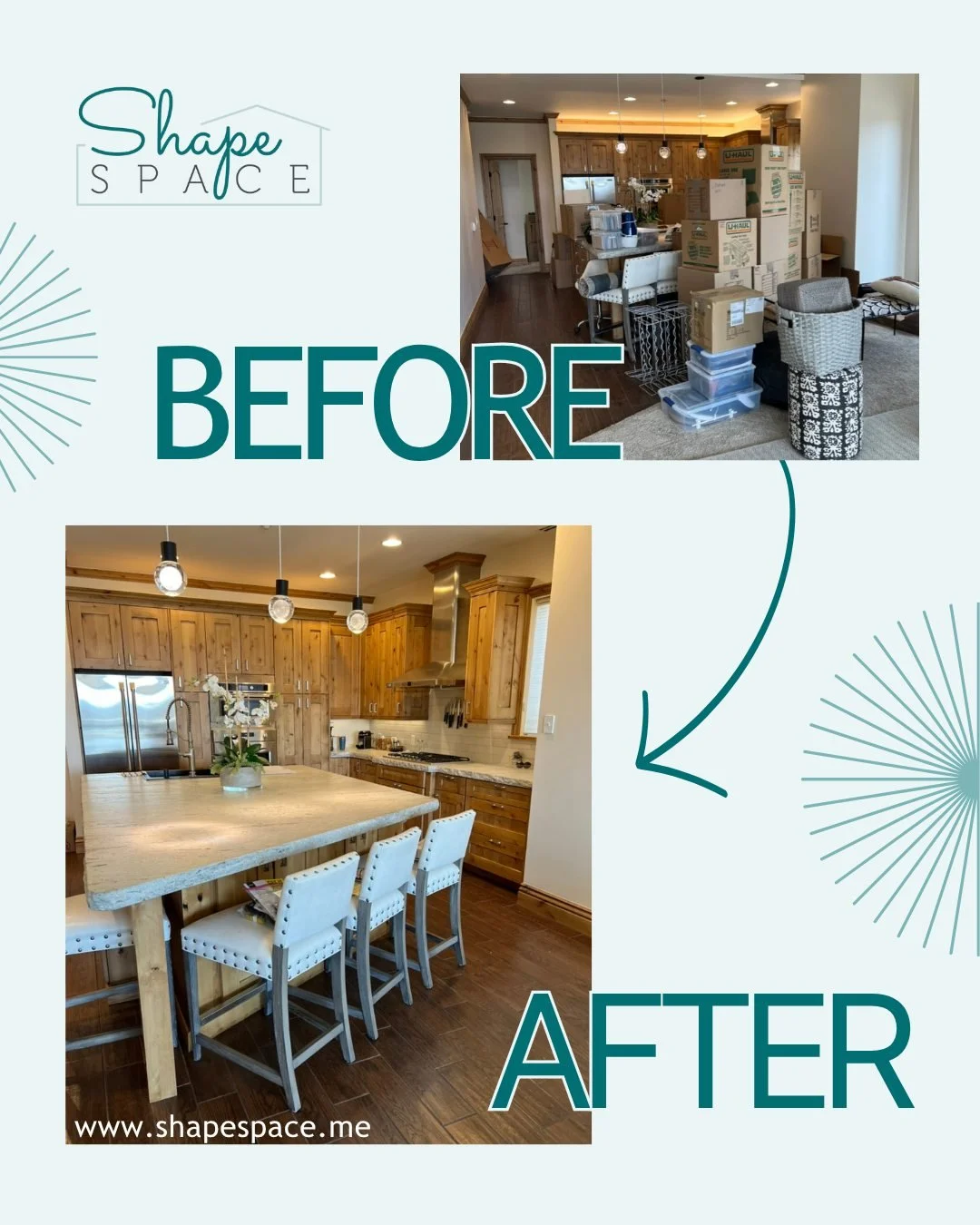 ✨ Move-in magic ✨ From boxes to beautiful - this kitchen shows what Shape Space move management is all about. We unpack, organize and style your new home so you can skip the chaos and settle in stress-free. 👉 Ready to settle in without the stress? C