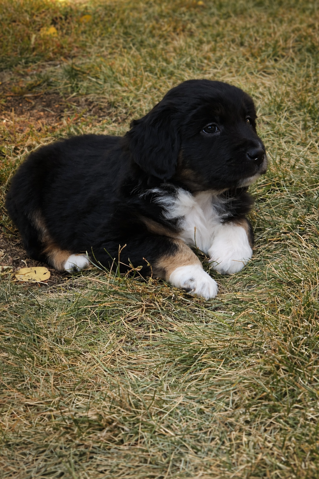 A cute black tri mini aussie puppy laying on grass outdoors.