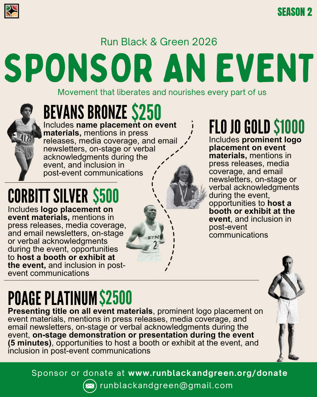 Flyer for Run Black & Green 2026 Season 2 event sponsorship opportunities featuring photos of athletes and details about sponsorship tiers ranging from bronze to platinum, with pricing of $250 to $25000 and benefits listed.