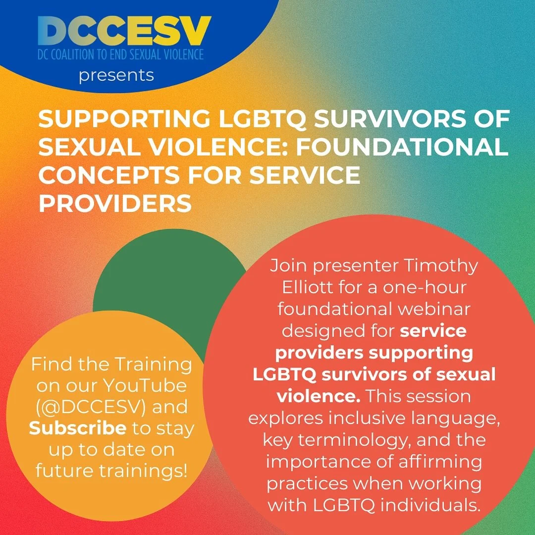 📢 DCCESV presents &ldquo;Supporting LGBTQ Survivors of Sexual Violence: Foundational Concepts for Service Providers,&rdquo; now available to watch on our YouTube channel. 

In this one-hour webinar, presenter Timothy Elliott walks through inclusive 