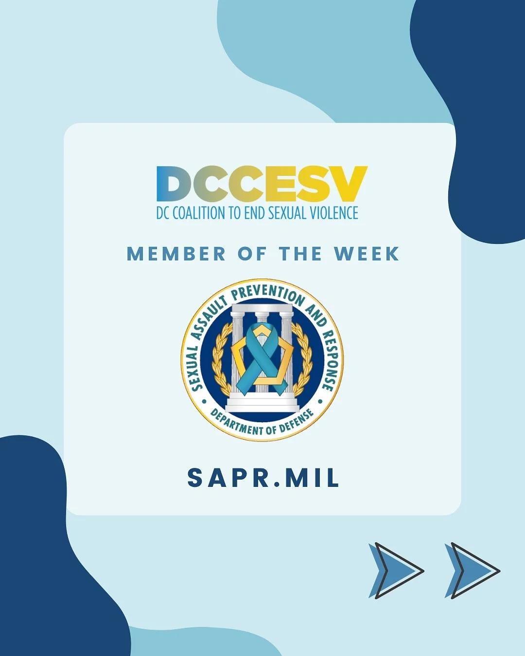 This week, the DC Coalition to End Sexual Violence highlights our Stakeholder Organization, the Department of Defense&rsquo;s Sexual Assault Prevention and Response Office (SAPRO). 

SAPRO oversees policies and programs to prevention sexual assault, 