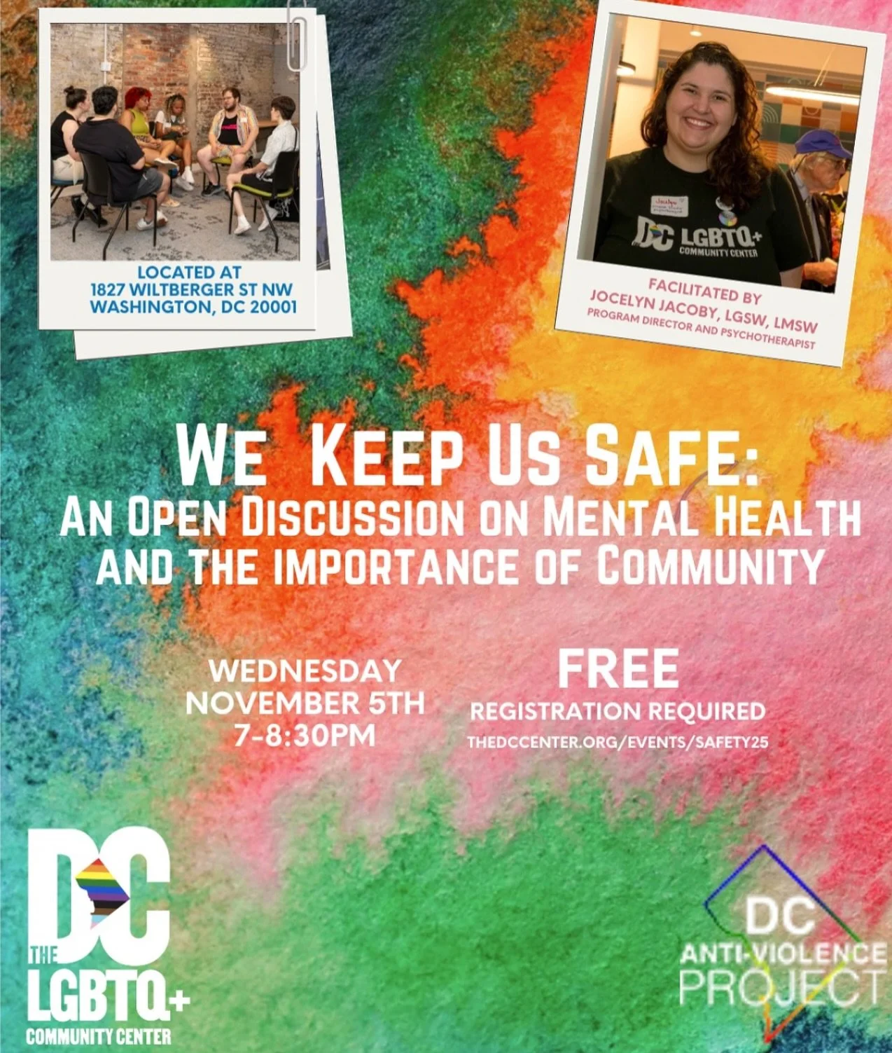 The DC LGBTQ+ Community Center invites you to their new home at 1827 Wiltberger St NW for a free therapist-facilitated conversation on mental health and community support on November 5th from 7pm – 8:30pm.
This offering is an opportunity to be