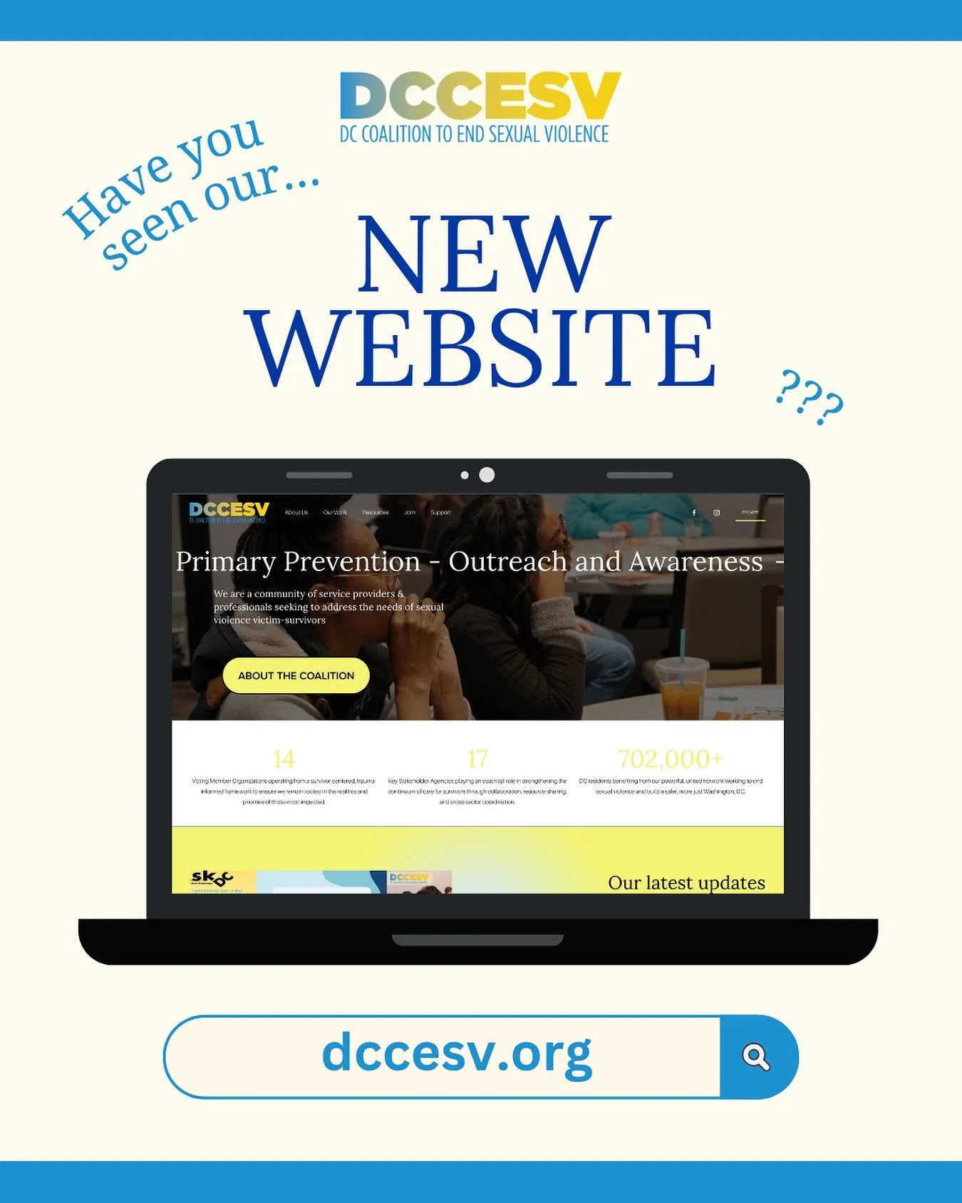 Did you see? The DC Coalition to End Sexual Violence&rsquo;s website got a new look!

Our new website showcases our members&rsquo; incredible work, our team, free resources, and more! Check out our new and improved website today at dccesv.org

#DCCES
