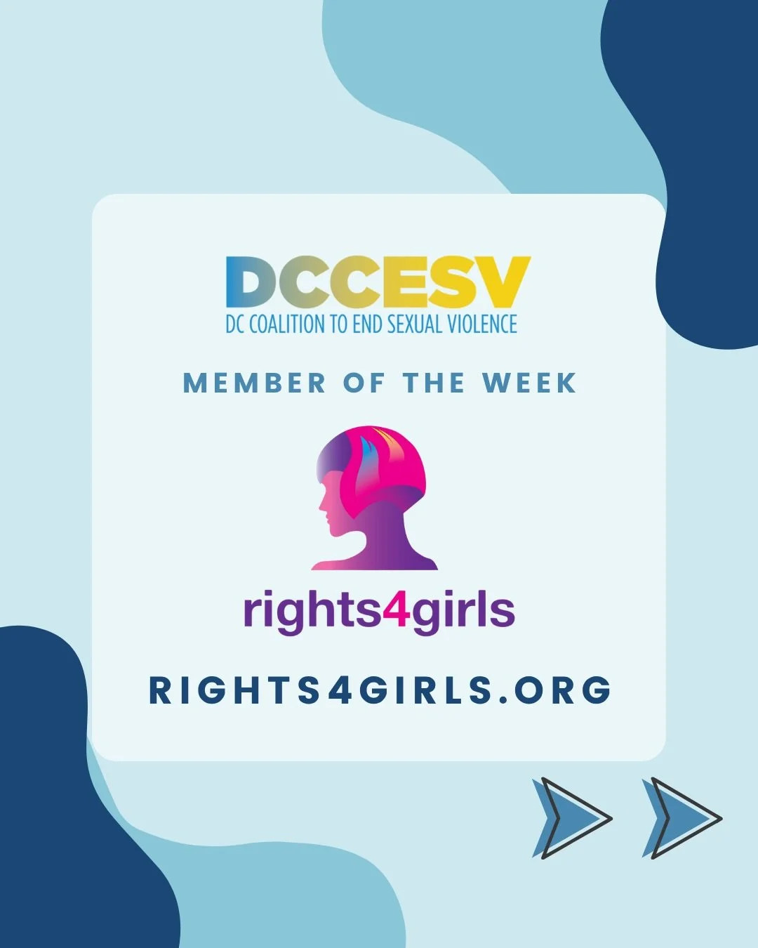 This week, the DC Coalition to End Sexual Violence highlights our Member Organization, Rights4Girls.

Rights4Girls works to change the narrative and policies that criminalize girls who have been impacted by violence and advocates for solutions that p
