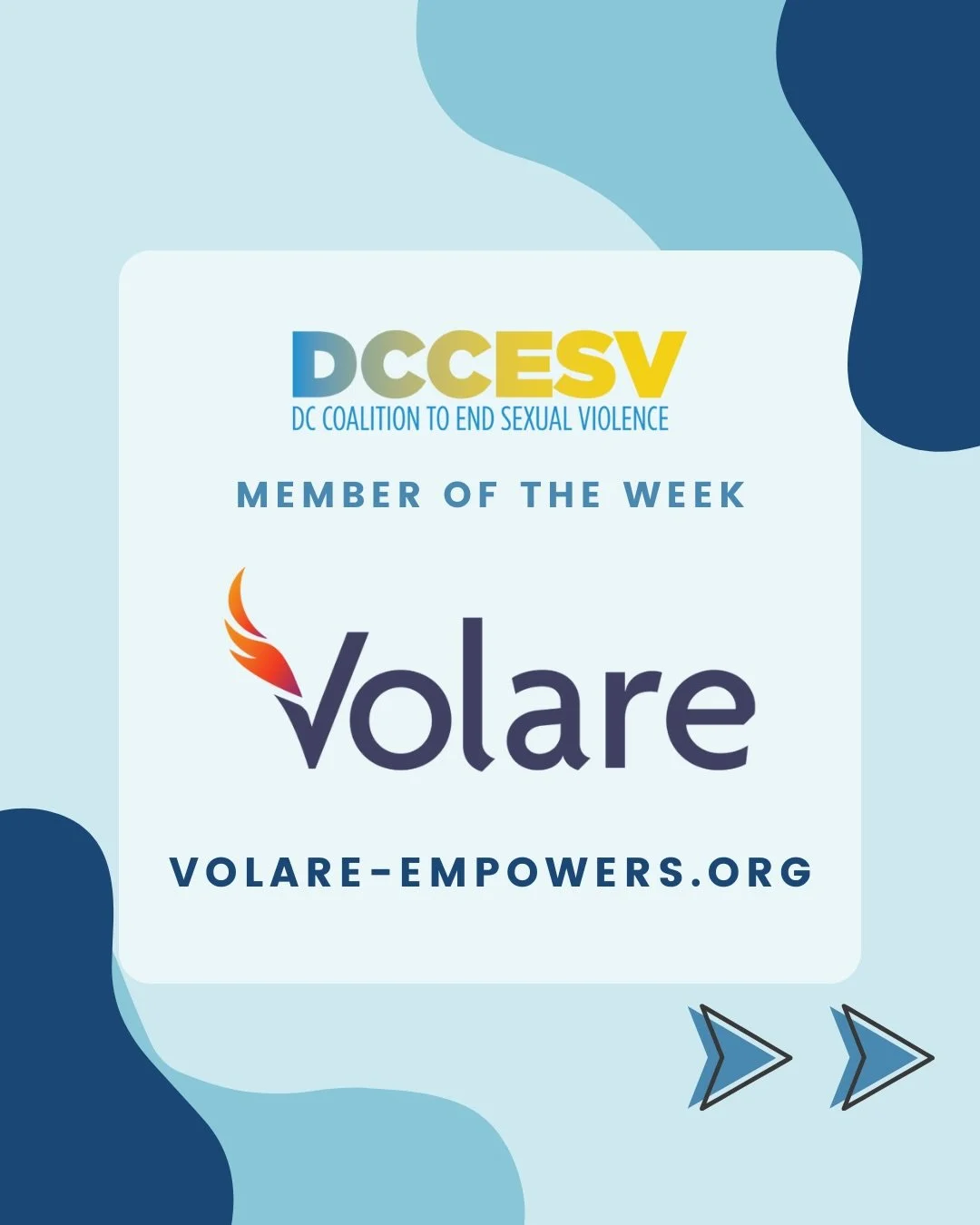 This week, the DC Coalition to End Sexual Violence highlights our Member Organization, Volare.

Volare is a DC nonprofit supporting survivors of crime with legal, advocacy, and therapy services.

To learn more about their services, visit @volare_empo