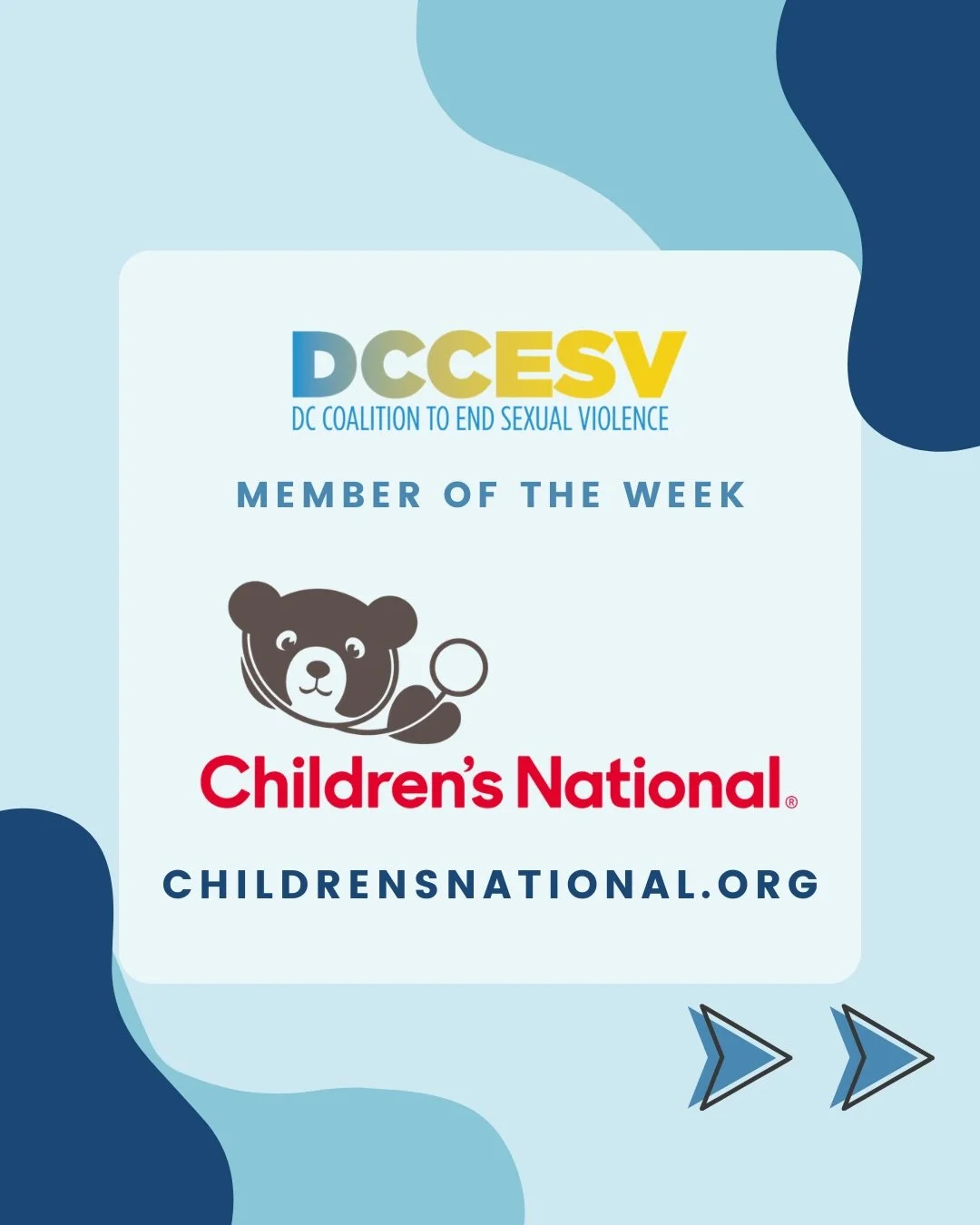 This week, the DC Coalition to End Sexual Violence highlights our Member Organization, Children&rsquo;s National Hospital 🏥🩵

Children&rsquo;s National provides nationally ranked pediatric care to children across Washington, DC, Maryland, and Virgi