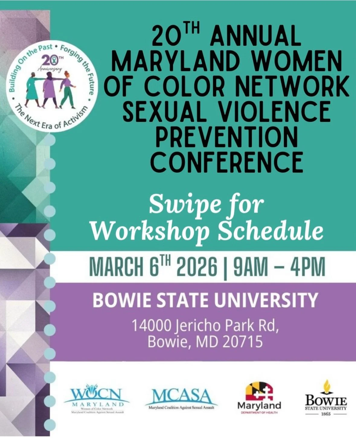 The 20th Annual Maryland Women of Color Network Sexual Violence Prevention Conference hosted by @mcasaorg is only 2️⃣ days away!

In a region as interconnected as ours, we know that real impact depends on our partnerships across jurisdictions because