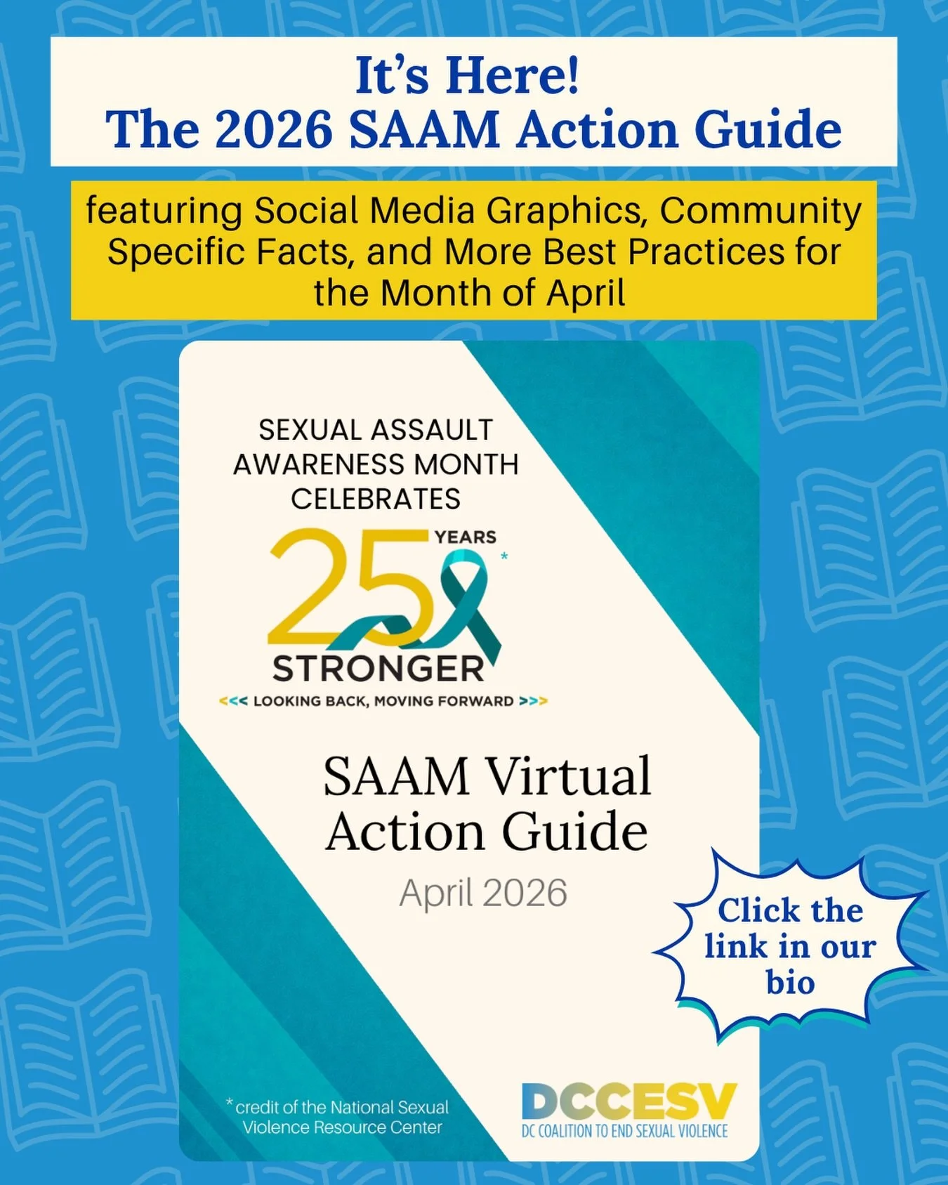 DCCESV&rsquo;s 2026 SAAM Action Guide is now available! 📖

Click the link in our bio to access everything you need for this Sexual Assault Awareness Month! 🩵

Our Action Guide includes Social Media Graphics, Community Specific Facts, Best Practices