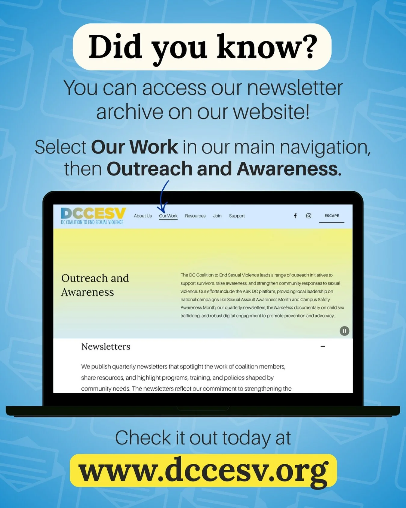Have you visited our new website? 💻 Our streamlined navigation makes it even easier to learn more about who we are, what we do, and how we support our members.

Looking for our newsletter archive? 🔍 Navigate to Outreach and Awareness from the Our W