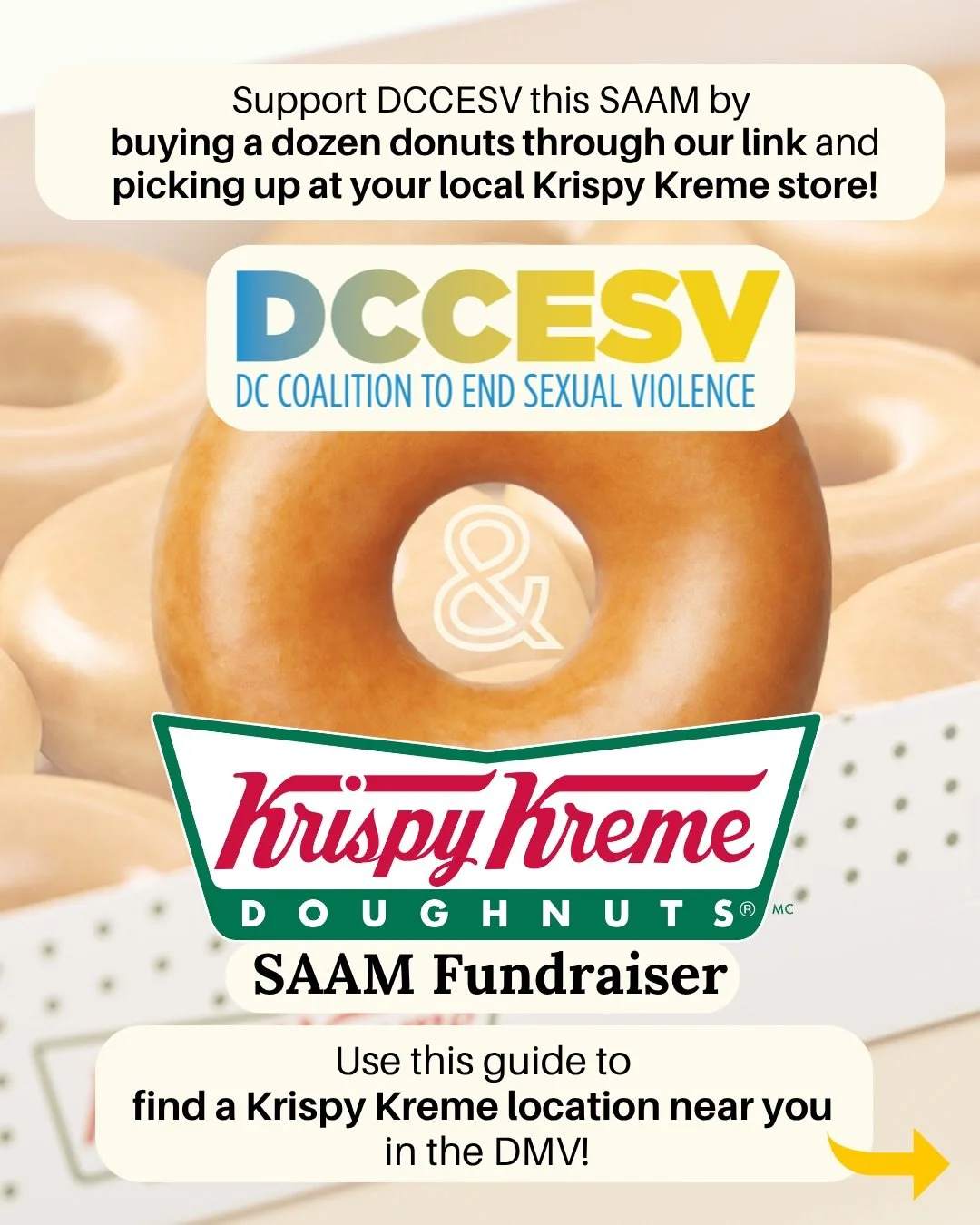 🚨ONLY TWO MORE WEEKS: Our digital dozen fundraiser ends on April 30! In honor of Sexual Assault Awareness Month, DCCESV is teaming up with Krispy Kreme and GroupRaise for a sweet way for you to give back, with 50% of all proceeds benefitting DCCESV 