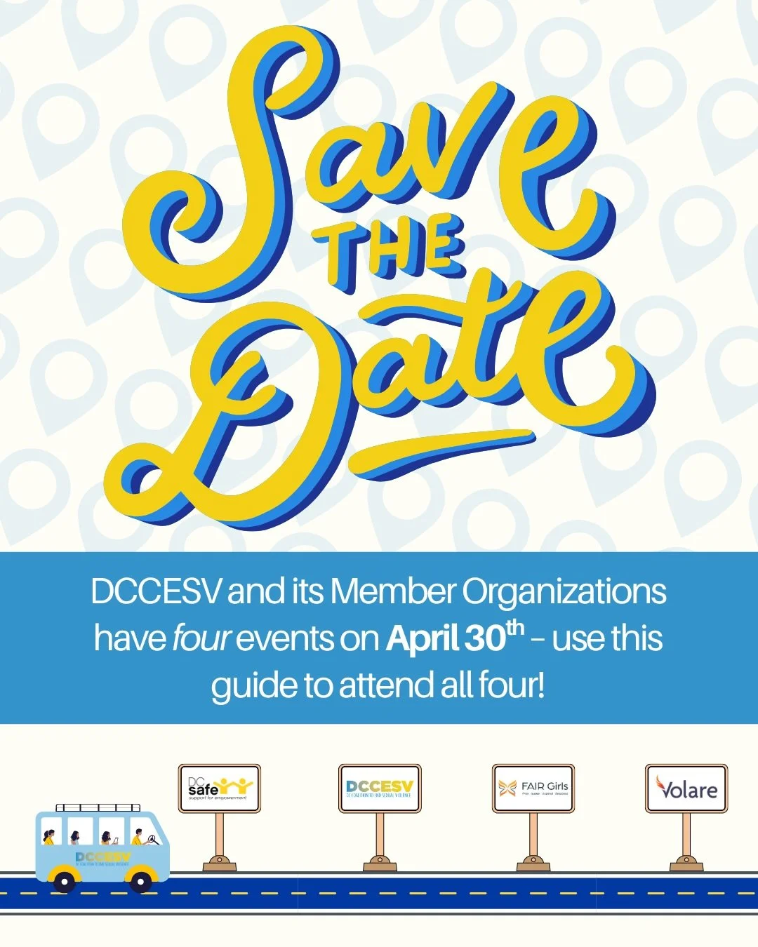 Have you heard? DCCESV and its Members have FOUR events happening on April 30th!

Use this guide to attend all four and join our community in reflecting on #DCSAAM2026📍 

To register for the DCCESV Happy Hour, click the link in our bio! See you ther